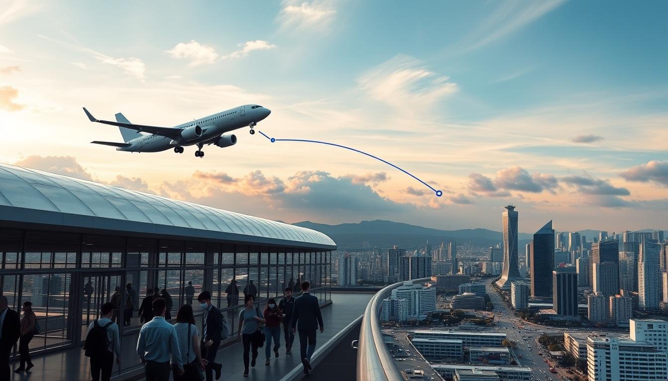 A sleek, modern aircraft soaring through the clouds, its silhouette etched against a vibrant sky. In the foreground, a gleaming airport terminal, its glass façade reflecting the bustling activity within. Passengers hurry to their gates, eager to embark on their journey to Seoul. In the middle ground, a detailed map highlighting the direct flight route from Kaohsiung to Seoul, emphasizing the convenience and efficiency of this connection. The background features a cityscape of Kaohsiung, its towering skyscrapers and bustling streets, a testament to the economic and cultural dynamism of this Taiwanese metropolis. The scene conveys the advantages of this direct flight, from the seamless travel experience to the ease of planning a Kaohsiung-Seoul itinerary. A sleek, modern aircraft soaring through the clouds, its silhouette etched against a vibrant sky. In the foreground, a gleaming airport terminal, its glass façade reflecting the bustling activity within. Passengers hurry to their gates, eager to embark on their journey to Seoul. In the middle ground, a detailed map highlighting the direct flight route from Kaohsiung to Seoul, emphasizing the convenience and efficiency of this connection. The background features a cityscape of Kaohsiung, its towering skyscrapers and bustling streets, a testament to the economic and cultural dynamism of this Taiwanese metropolis. The scene conveys the advantages of this direct flight, from the seamless travel experience to the ease of planning a Kaohsiung-Seoul itinerary.