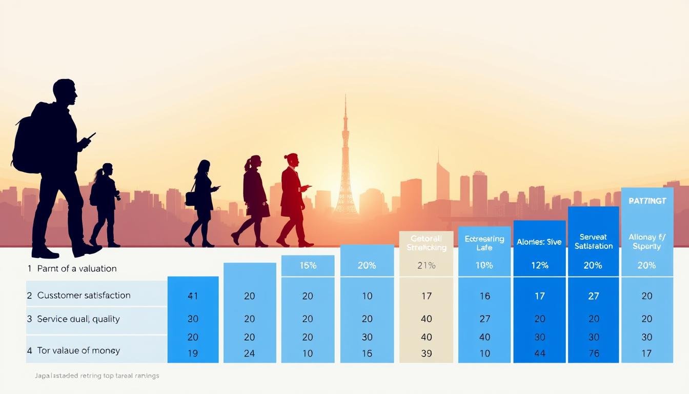 A sleek, modern illustration showcasing the key evaluation metrics for Japan travel agencies. In the foreground, a stylized bar chart displays multiple ranking criteria such as customer satisfaction, service quality, and value for money, rendered in a clean, minimalist aesthetic. The middle ground features silhouettes of travelers and travel agents, emphasizing the human element of the industry. In the background, a subtle cityscape of Tokyo skyline adds context, bathed in warm, natural lighting that creates a sense of professionalism and authority. The overall composition conveys a data-driven, yet visually appealing depiction of the benchmarks used to assess the performance of Japan's top travel providers. A sleek, modern illustration showcasing the key evaluation metrics for Japan travel agencies. In the foreground, a stylized bar chart displays multiple ranking criteria such as customer satisfaction, service quality, and value for money, rendered in a clean, minimalist aesthetic. The middle ground features silhouettes of travelers and travel agents, emphasizing the human element of the industry. In the background, a subtle cityscape of Tokyo skyline adds context, bathed in warm, natural lighting that creates a sense of professionalism and authority. The overall composition conveys a data-driven, yet visually appealing depiction of the benchmarks used to assess the performance of Japan's top travel providers.