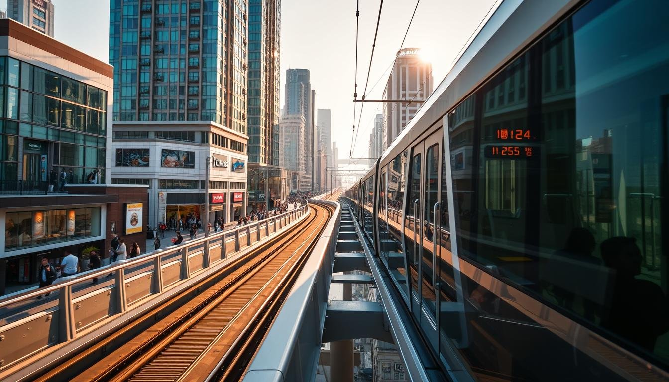 A sleek, modern light rail system gliding through the bustling streets of Busan, South Korea. The elevated track cuts through the cityscape, offering a seamless connection from Gimhae International Airport to the heart of the metropolis. Commuters and travelers board the clean, efficient trains, gazing out at the towering high-rises and vibrant shop-lined avenues below. The scene is bathed in warm, golden afternoon light, creating a welcoming and inviting atmosphere. The camera perspective is slightly elevated, capturing the dynamic interplay between the transportation infrastructure and the urban environment.