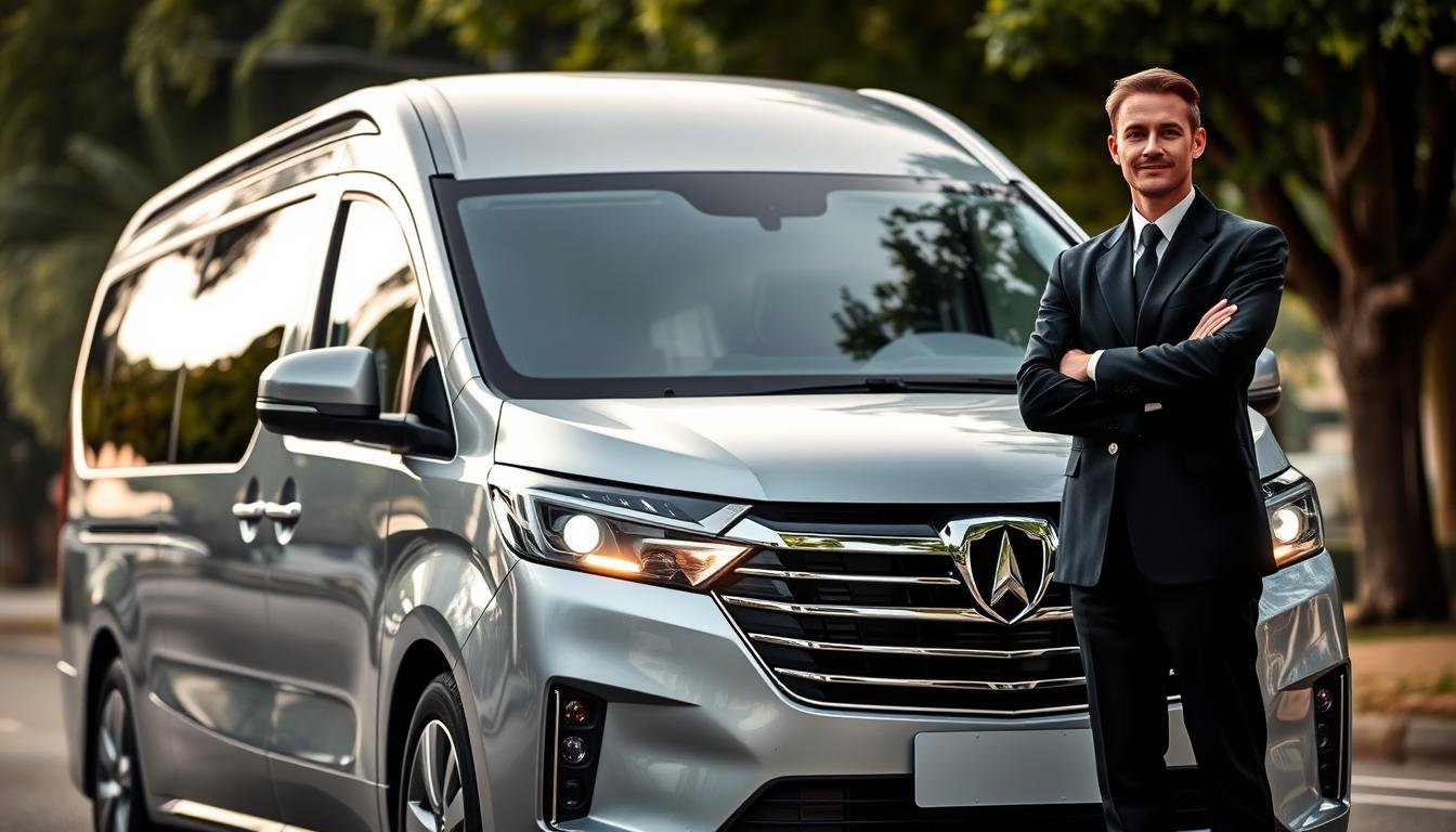 A sleek, modern luxury minivan with a gleaming silver exterior, parked in a serene, tree-lined setting. The vehicle's front grille and headlights are boldly designed, conveying a sense of power and protection. The cabin appears spacious and well-appointed, with tinted windows suggesting a discreet, chauffeured experience. In the foreground, a uniformed driver stands at the ready, exuding professionalism and attentiveness. The scene is illuminated by soft, diffused lighting, creating a calming, secure atmosphere. The overall impression is one of elevated, personalized transportation service, tailored to the needs of discerning travelers.