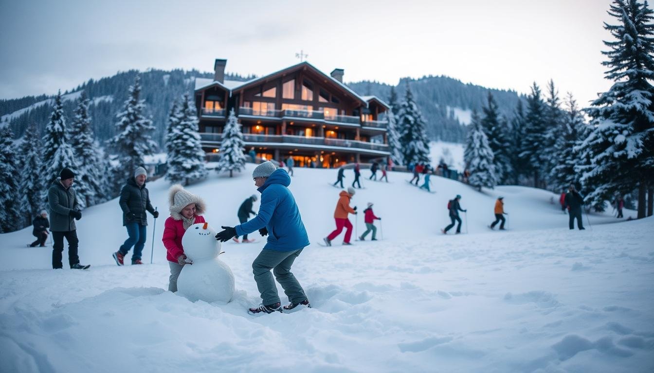 A snow-covered winter wonderland, with a group of people engaged in various snow activities. In the foreground, a family is building a snowman, their laughter and joy radiating through the crisp, frosty air. In the middle ground, skiers and snowboarders gracefully carve through pristine, powdery slopes, while in the background, a cozy alpine lodge stands tall, its warm, inviting lights beckoning visitors to come inside and enjoy the après-ski experience. The scene is bathed in a soft, diffused light, creating a serene and enchanting atmosphere. Wide-angle lens captures the grandeur of the winter landscape, emphasizing the sense of adventure and exploration.