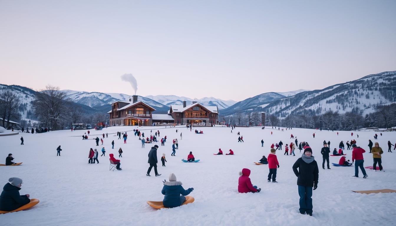 A snowy landscape in South Korea during the winter season. In the foreground, people engage in various outdoor activities such as sledding, snowball fights, and building snowmen. The middle ground features a cozy ski lodge with warm lighting and steam rising from the chimney. In the background, snow-capped mountains stretch out under a crisp, clear sky. The scene conveys a sense of wonder, joy, and the exhilaration of embracing the chilly, yet magical, winter wonderland. Cinematic, wide-angle perspective with soft, diffused lighting to capture the serene and enchanting atmosphere.