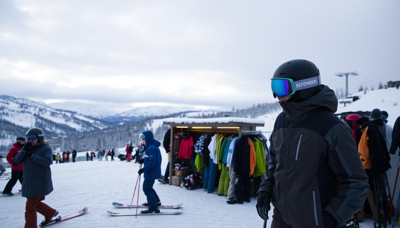 A snowy mountainside landscape under an overcast sky, with a group of skiers in the foreground. In the middle ground, a rental equipment shop with an assortment of winter gear including jackets, pants, goggles, and gloves. In the background, a ski lift and distant peaks. The scene is illuminated by soft, diffused natural lighting, creating a serene and inviting atmosphere. The focus is on the winter apparel and equipment, showcasing the layered, insulated, and weather-resistant nature of the attire required for an optimal ski experience.