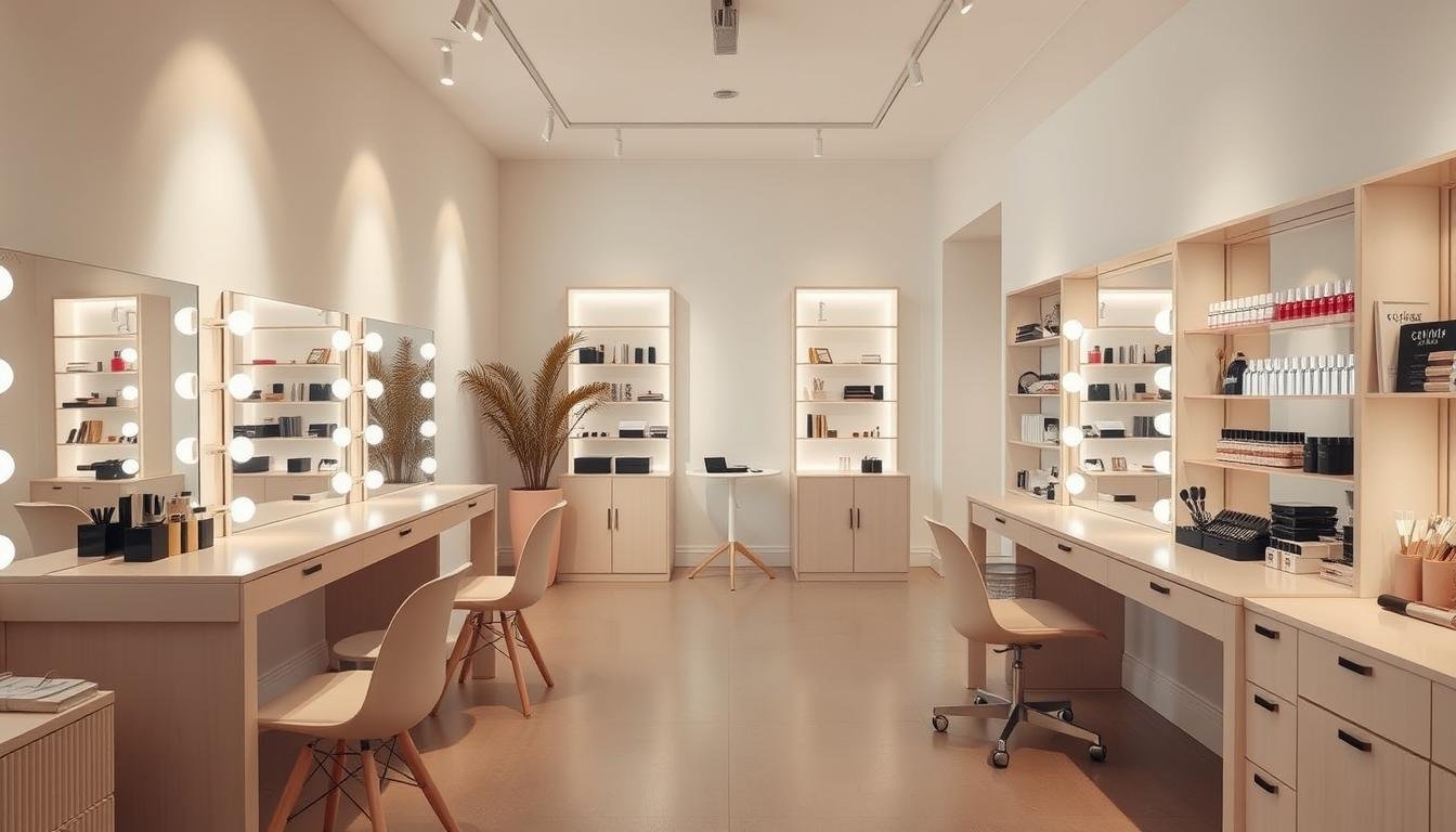 A sophisticated and trendy makeup studio in Seoul, South Korea. Soft, natural lighting illuminates the space, creating a warm, inviting atmosphere. The room features minimalist, Scandinavian-inspired decor with clean lines, neutral tones, and subtle pops of color. Sleek, modern vanity stations with large, well-lit mirrors dominate the foreground, while the background showcases elegant shelving units displaying a curated selection of high-end cosmetic products. The overall vibe is one of aspirational, yet accessible, beauty and inspiration.