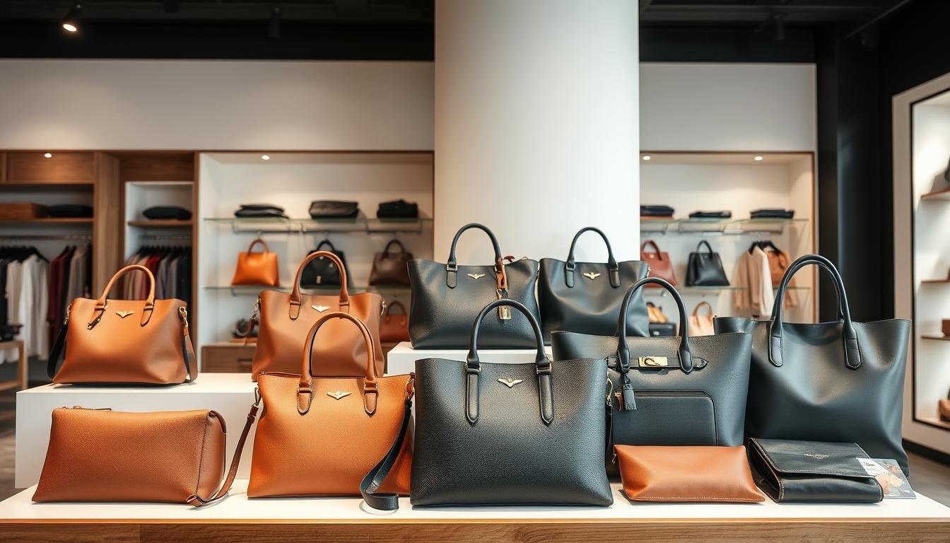 A sophisticated display of Busan's finest fashion accessories, showcasing a collection of chic and stylish handbags, satchels, and totes. The foreground features an assortment of premium leather goods in a range of colors and textures, elegantly arranged on a minimalist display. The middle ground highlights the intricate craftsmanship and attention to detail, with close-up shots capturing the quality hardware and stitching. The background sets the scene, with a sleek and modern retail environment, featuring clean lines, natural lighting, and a serene ambiance that complements the premium products. The overall composition exudes a sense of refinement, exclusivity, and the distinct style that defines Busan's thriving independent fashion scene.