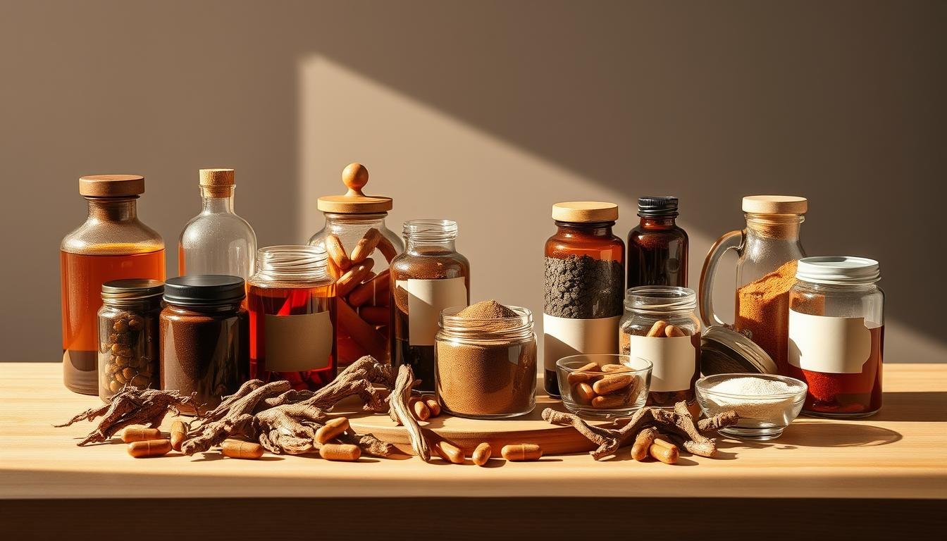 A sophisticated still life arrangement featuring an assortment of Korean black ginseng products. The foreground showcases a diverse range of ginseng root extracts, powders, and capsules in glass jars and bottles, each with their own unique shapes, textures, and hues of deep amber and earthy brown. In the middle ground, the products are displayed on a minimalist wooden table or platform, casting soft shadows that add depth and dimension. The background features a neutral, muted color palette, allowing the ginseng products to be the focal point. Warm, natural lighting from an unseen source casts a gentle glow, highlighting the premium quality and artisanal nature of the items. The overall composition conveys a sense of sophistication, attention to detail, and the health benefits of these traditional Korean superfood supplements.