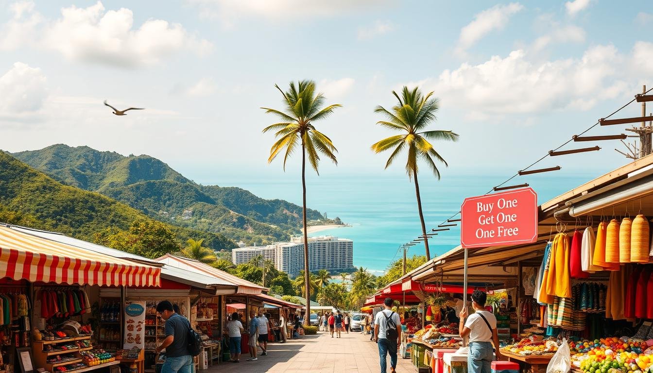 A sprawling Jeju Island landscape, with lush green hills and a hint of the turquoise ocean in the distance. In the foreground, a bustling marketplace showcases vibrant stalls offering an array of local goods. Shopkeepers enthusiastically advertise a "Buy One, Get One Free" promotion, their hands gesturing towards the tempting wares. The warm, golden sunlight casts a soft glow over the scene, creating a welcoming and inviting atmosphere. In the middle ground, towering palm trees sway gently in the island breeze, while the background is dominated by the silhouettes of luxury resort hotels nestled among the verdant landscape. An idyllic representation of the Jeju Island shopping experience and the allure of a five-star resort getaway.