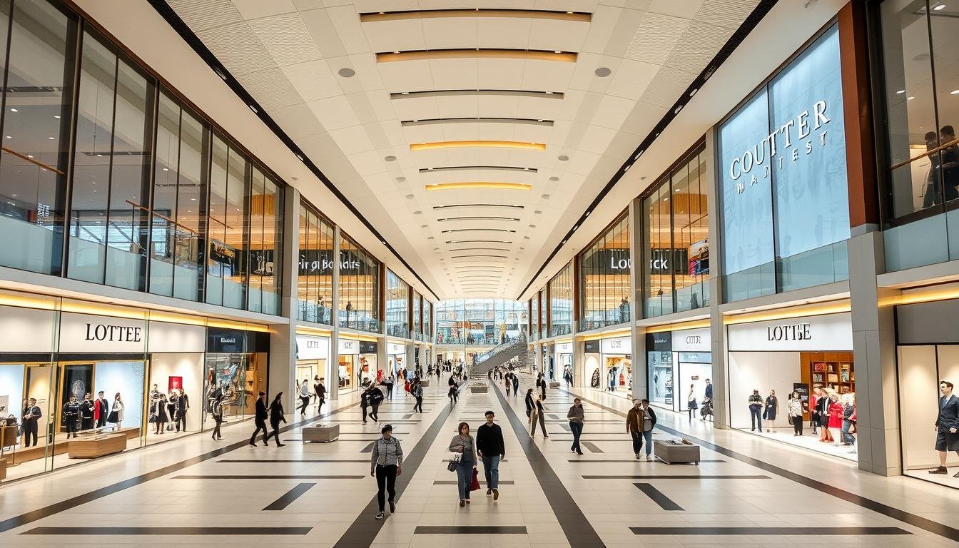 A sprawling and modern retail complex, the Lotte Busan Outlet showcases its expansive interior design. Sleek glass facades and minimalist architecture create a bright and airy atmosphere, complemented by warm lighting and clean, geometric patterns on the floors. Shoppers meander through wide, well-organized walkways, past rows of enticing storefronts offering a diverse array of high-quality international brands. Chic, contemporary furnishings and striking architectural elements subtly blend form and function, making the Lotte Busan Outlet an immersive and visually appealing shopping experience.