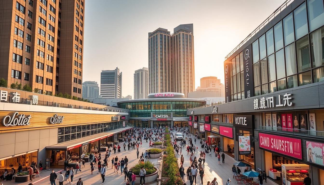 A sprawling outdoor outlet mall nestled in the heart of bustling East Busan, Korea. Towering modern buildings in muted tones loom in the background, contrasting with the vibrant facade of the Lotte Outlet. Rows of retail stores and restaurants line the spacious walkways, their neon signage and colorful banners beckoning shoppers. The scene is bathed in warm, golden afternoon light, casting long shadows across the bustling crowds browsing the discounted designer wares. A sense of energetic commerce and leisure permeates the air, capturing the essence of this popular shopping destination for Taiwanese tourists.