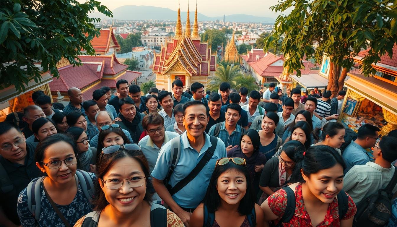 A sprawling scene of a group tour in Thailand, captured with a wide-angle lens. In the foreground, a vibrant crowd of diverse travelers, their expressions animated as they explore local markets and cultural sites. Midground, tour guides lead the group, gesturing enthusiastically while sharing insights about the region's history and traditions. In the background, a tapestry of lush tropical foliage, ornate temples, and bustling city streets, illuminated by warm, golden-hour lighting. The composition evokes a sense of adventure, cultural immersion, and the shared joy of discovering a new destination as part of a cohesive tour group. A sprawling scene of a group tour in Thailand, captured with a wide-angle lens. In the foreground, a vibrant crowd of diverse travelers, their expressions animated as they explore local markets and cultural sites. Midground, tour guides lead the group, gesturing enthusiastically while sharing insights about the region's history and traditions. In the background, a tapestry of lush tropical foliage, ornate temples, and bustling city streets, illuminated by warm, golden-hour lighting. The composition evokes a sense of adventure, cultural immersion, and the shared joy of discovering a new destination as part of a cohesive tour group.