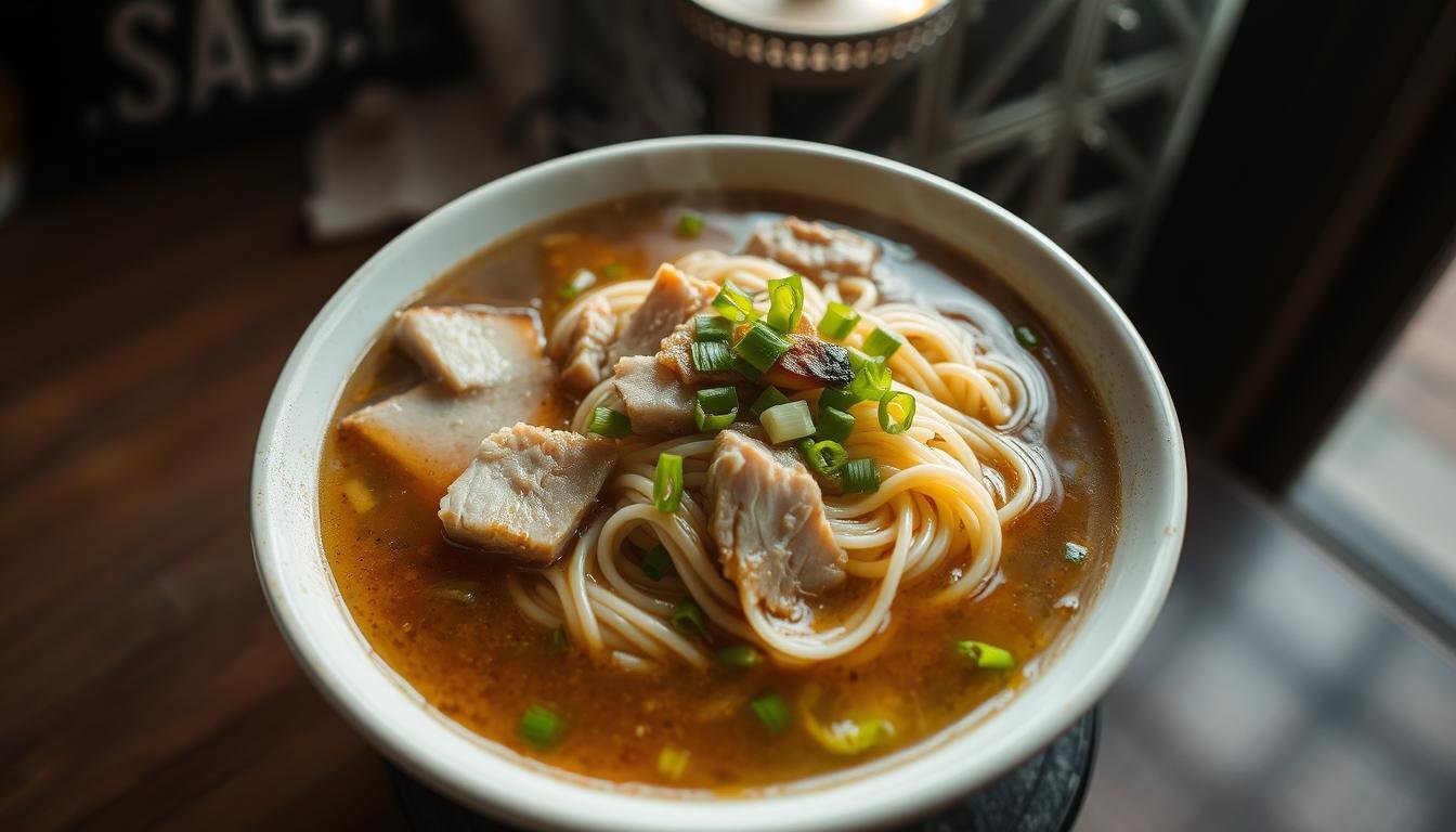 A steaming bowl of Suwimon Noodle, the signature dish of a renowned Taiwanese noodle house. The rich, aromatic broth is simmered for hours over a charcoal fire, extracting the essence of pork bones and spices. Delicate noodles, perfectly al dente, are nestled within, topped with tender slices of pork and garnished with vibrant scallions. The soft light from the kitchen window illuminates the bowl, casting a warm glow and highlighting the depth of the broth's color. The scene evokes a sense of comfort and authenticity, inviting the viewer to savor the comforting flavors of this traditional Taiwanese specialty.