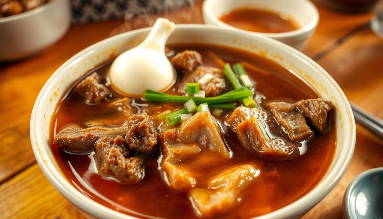 A steaming bowl of nourishing Korean bone broth soup, its rich amber hue glimmering under warm overhead lighting. In the foreground, tender beef short ribs and pork spareribs simmer gently, their succulent layers infusing the broth with deep, savory notes. In the middle, plump white radish and aromatic green onions add contrasting textures and flavors, while in the background, a simple white ceramic bowl rests on a wooden table, steam gently rising. The scene evokes the comforting, heartwarming essence of a Korean winter, a dish that nourishes both body and soul.