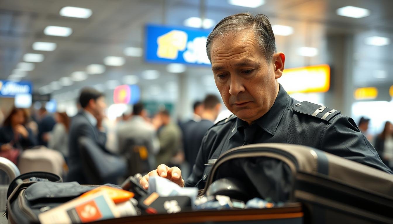 A strict customs officer intently examining a passenger's luggage under bright, directional lighting in a bustling Hong Kong airport terminal. The officer's face is focused and serious, with a slight furrowing of the brow, conveying the gravity of their duty. The suitcase contents are visible, with various items spilling out onto the inspection table, creating a sense of tension and anticipation. The background is a blurred scene of other travelers and airport activity, emphasizing the intensity of the customs inspection. The overall mood is one of diligence, vigilance, and the enforcement of Hong Kong's stringent border controls. A strict customs officer intently examining a passenger's luggage under bright, directional lighting in a bustling Hong Kong airport terminal. The officer's face is focused and serious, with a slight furrowing of the brow, conveying the gravity of their duty. The suitcase contents are visible, with various items spilling out onto the inspection table, creating a sense of tension and anticipation. The background is a blurred scene of other travelers and airport activity, emphasizing the intensity of the customs inspection. The overall mood is one of diligence, vigilance, and the enforcement of Hong Kong's stringent border controls.