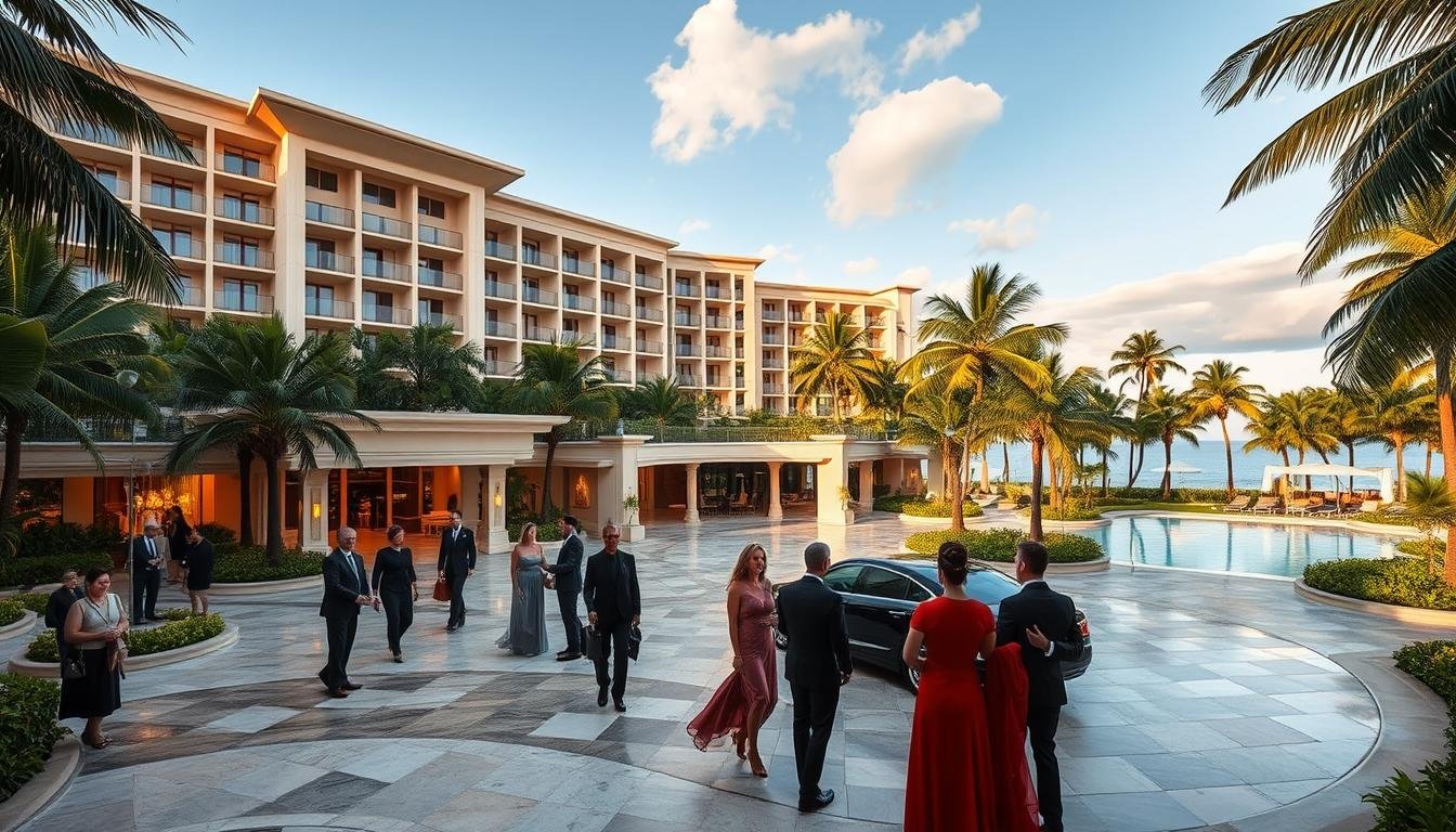 A stunning 5-star hotel resort nestled amidst lush tropical foliage, with a grand porte-cochère entrance leading to a sprawling marble-clad lobby. Well-dressed guests are greeted by attentive staff as they arrive via a chauffeured luxury limousine transfer from the nearby international airport. Soft lighting filters through large windows, casting a warm glow over the opulent interiors adorned with gilded accents and plush furnishings. In the background, a serene swimming pool is framed by swaying palm trees, inviting guests to relax and unwind in the lap of luxury. A stunning 5-star hotel resort nestled amidst lush tropical foliage, with a grand porte-cochère entrance leading to a sprawling marble-clad lobby. Well-dressed guests are greeted by attentive staff as they arrive via a chauffeured luxury limousine transfer from the nearby international airport. Soft lighting filters through large windows, casting a warm glow over the opulent interiors adorned with gilded accents and plush furnishings. In the background, a serene swimming pool is framed by swaying palm trees, inviting guests to relax and unwind in the lap of luxury.