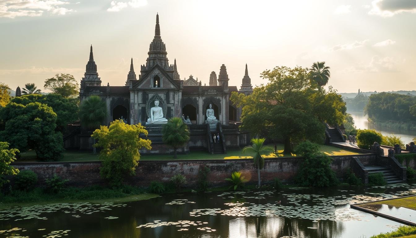 A stunning historical site nestled in the heart of Ayutthaya, Thailand. The ancient ruins of Wat Chaiwatthanaram rise majestically, their weathered stone walls and towering spires casting long shadows across the serene landscape. Sunlight filters through lush foliage, illuminating intricate carvings and Buddha statues that bear witness to centuries of history. In the foreground, a tranquil pond reflects the grandeur of the temple complex, while in the distance, the winding Chao Phraya River flows gently. This scene evokes a sense of timeless wonder, inviting visitors to immerse themselves in the rich cultural heritage of Thailand's Ayutthaya kingdom.