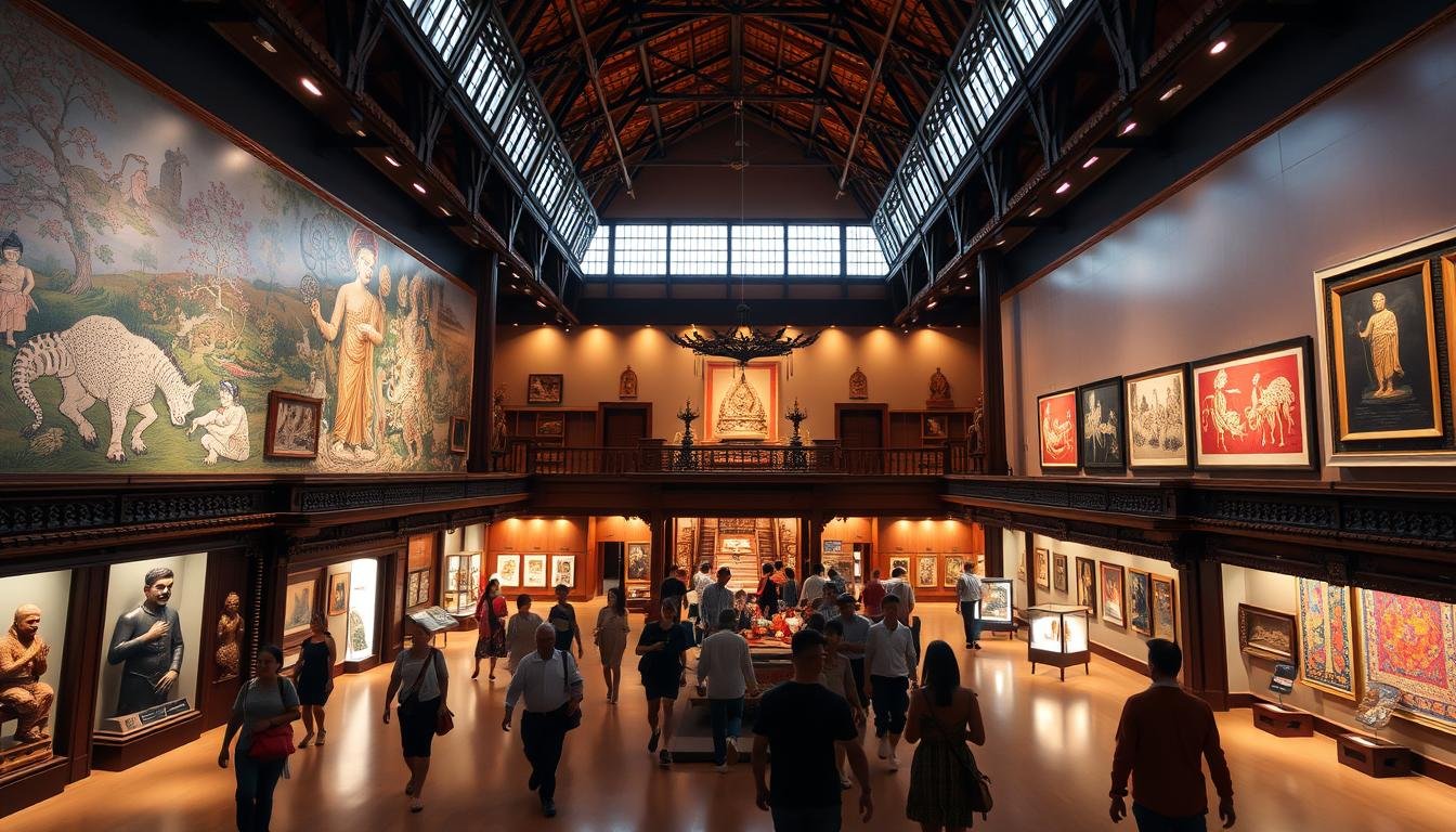 A stunning interior of the Chiang Mai Arts and Cultural Center, showcasing the rich tapestry of Thai artistic heritage. The expansive gallery space is bathed in warm, natural lighting, illuminating intricate wall murals, delicate wood carvings, and colorful textile displays. Visitors wander through the serene atmosphere, captivated by the harmonious blend of traditional and contemporary artistic expressions. The center's architectural elements, such as the high ceilings and ornate pillars, complement the exquisite artworks, creating a truly immersive cultural experience. A sense of reverence and appreciation pervades the scene, inviting viewers to deeply engage with the timeless traditions that define the essence of Chiang Mai's vibrant arts and culture. A stunning interior of the Chiang Mai Arts and Cultural Center, showcasing the rich tapestry of Thai artistic heritage. The expansive gallery space is bathed in warm, natural lighting, illuminating intricate wall murals, delicate wood carvings, and colorful textile displays. Visitors wander through the serene atmosphere, captivated by the harmonious blend of traditional and contemporary artistic expressions. The center's architectural elements, such as the high ceilings and ornate pillars, complement the exquisite artworks, creating a truly immersive cultural experience. A sense of reverence and appreciation pervades the scene, inviting viewers to deeply engage with the timeless traditions that define the essence of Chiang Mai's vibrant arts and culture.