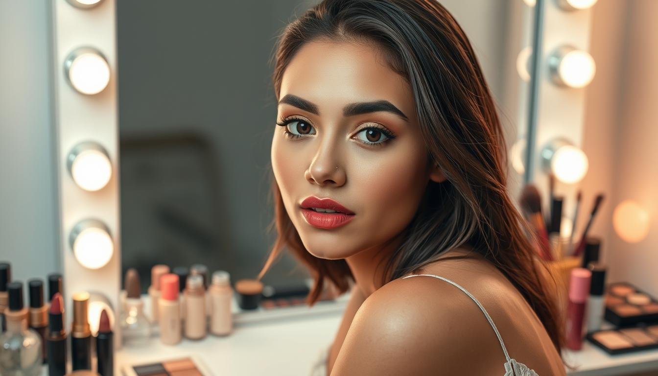 A stylish and confident young woman sits at a well-lit vanity, surrounded by an array of makeup products and tools. Her skin is flawless, with a radiant, natural glow. Her eyes are captivating, accentuated by expertly applied eyeshadow in a range of warm, earthy tones. Her lips are painted in a vibrant, yet subtly shimmering hue. The overall look is polished and effortless, exuding a sense of artistry and personal flair. The image is captured in a soft, diffused light, creating a serene and inviting atmosphere, perfect for inspiring viewers to explore their own makeup journey. A stylish and confident young woman sits at a well-lit vanity, surrounded by an array of makeup products and tools. Her skin is flawless, with a radiant, natural glow. Her eyes are captivating, accentuated by expertly applied eyeshadow in a range of warm, earthy tones. Her lips are painted in a vibrant, yet subtly shimmering hue. The overall look is polished and effortless, exuding a sense of artistry and personal flair. The image is captured in a soft, diffused light, creating a serene and inviting atmosphere, perfect for inspiring viewers to explore their own makeup journey.