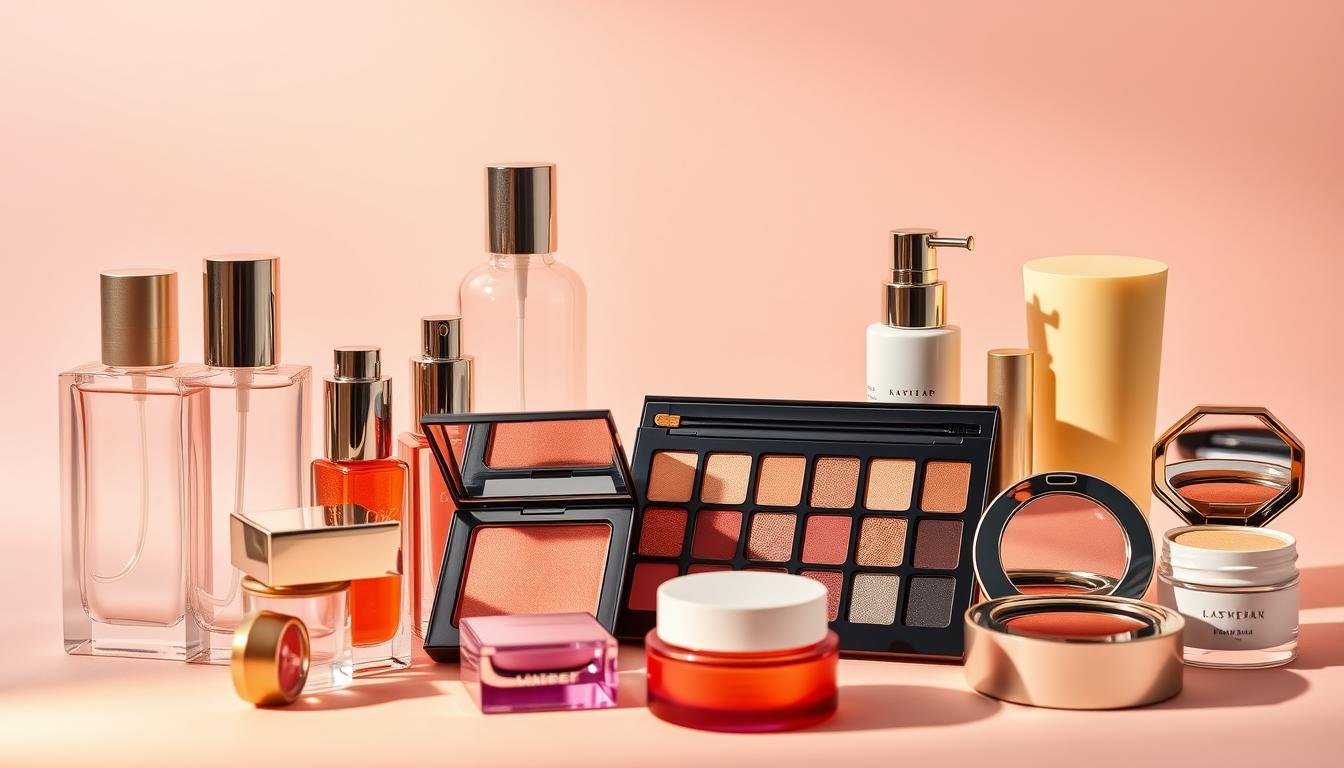 A stylized still-life arrangement showcasing the top Korean beauty must-haves for 2025. Set against a soft, pastel-colored backdrop, the composition features an array of high-end cosmetic products, including sleek glass bottles, richly-pigmented eyeshadow palettes, and luxurious cream compacts. The lighting is warm and diffused, creating a sense of elegance and sophistication. The products are artfully arranged, with a focus on their unique packaging and textures, to entice the viewer and highlight their desirability. The overall mood is one of aspirational beauty, reflecting the popularity and prestige of Korean cosmetics.