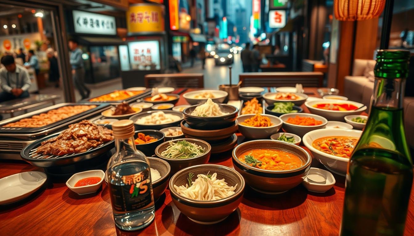 A sumptuous feast of Korean delicacies set against the trendy backdrop of Itaewon, Seoul. Rows of sizzling Korean BBQ, tender bulgogi, and vibrant kimchi artfully presented on a polished wooden table. Steaming bowls of fragrant japchae and spicy tteokbokki take center stage, surrounded by an array of banchan side dishes. Soft ambient lighting casts a warm glow, highlighting the rich textures and colors of the meticulously prepared dishes. In the foreground, a chilled bottle of soju reflects the scene, while in the background, the bustling streets of Itaewon create a lively urban setting, hinting at the dynamic dining experience awaiting the discerning foodie. A sumptuous feast of Korean delicacies set against the trendy backdrop of Itaewon, Seoul. Rows of sizzling Korean BBQ, tender bulgogi, and vibrant kimchi artfully presented on a polished wooden table. Steaming bowls of fragrant japchae and spicy tteokbokki take center stage, surrounded by an array of banchan side dishes. Soft ambient lighting casts a warm glow, highlighting the rich textures and colors of the meticulously prepared dishes. In the foreground, a chilled bottle of soju reflects the scene, while in the background, the bustling streets of Itaewon create a lively urban setting, hinting at the dynamic dining experience awaiting the discerning foodie.