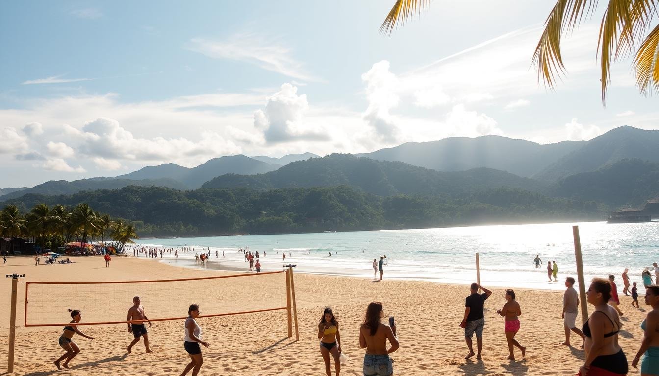 A sun-drenched afternoon in Chiang Mai, Thailand's northern gem. Pristine beaches, swaying palms, and vibrant local culture come together in a captivating tableau. In the foreground, a group of friends enjoying a lively game of beach volleyball, their laughter carrying on the gentle breeze. The middle ground features colorful umbrellas and beachgoers strolling along the shoreline, taking in the stunning vistas of the Andaman Sea. In the distance, the lush, verdant hills of Chiang Mai's countryside rise majestically, framing the scene with a serene, tranquil backdrop. Warm, golden sunlight filters through wispy clouds, casting a soft, dreamy glow over the entire setting, evoking a sense of relaxation and pure, unadulterated enjoyment. A sun-drenched afternoon in Chiang Mai, Thailand's northern gem. Pristine beaches, swaying palms, and vibrant local culture come together in a captivating tableau. In the foreground, a group of friends enjoying a lively game of beach volleyball, their laughter carrying on the gentle breeze. The middle ground features colorful umbrellas and beachgoers strolling along the shoreline, taking in the stunning vistas of the Andaman Sea. In the distance, the lush, verdant hills of Chiang Mai's countryside rise majestically, framing the scene with a serene, tranquil backdrop. Warm, golden sunlight filters through wispy clouds, casting a soft, dreamy glow over the entire setting, evoking a sense of relaxation and pure, unadulterated enjoyment.
