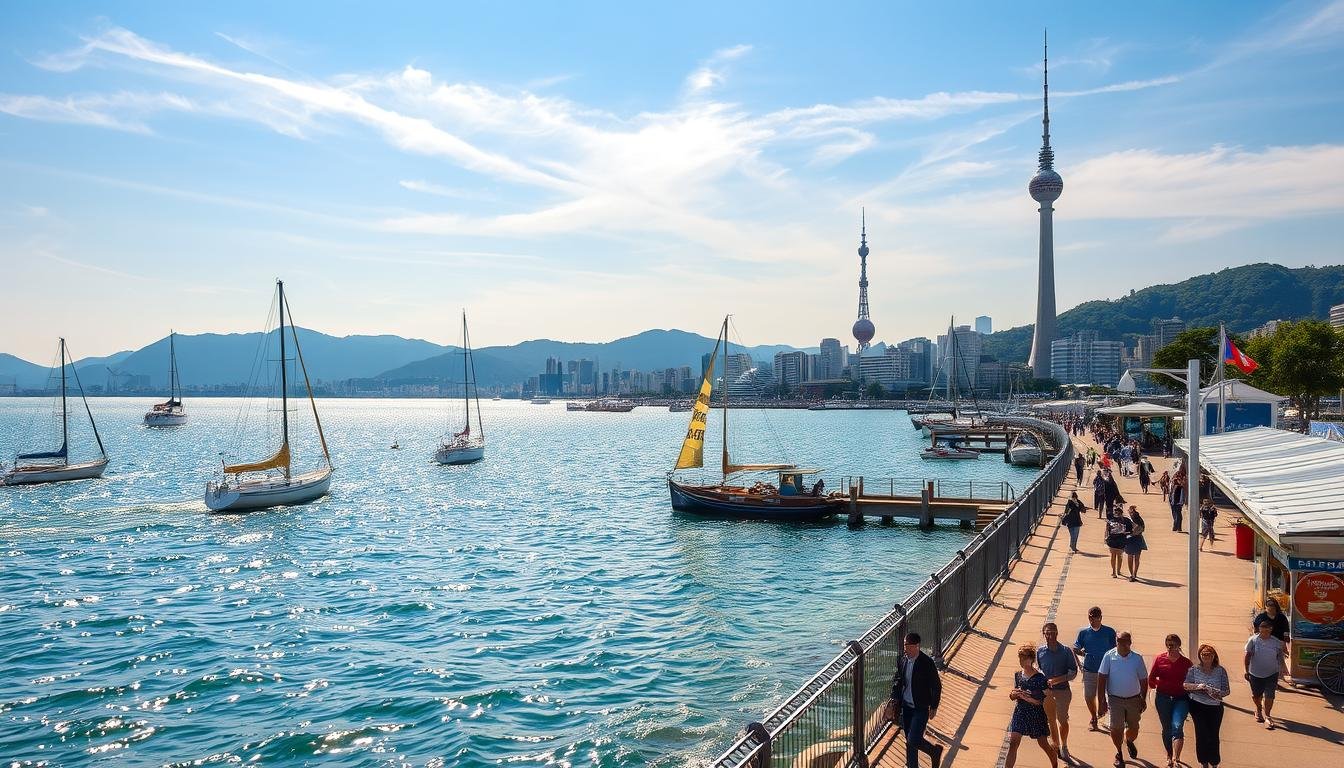 A sunny afternoon in the picturesque city of Busan, South Korea. A serene harbor scene comes into view, with sailboats gently bobbing on the sparkling waters. In the distance, the iconic Busan Tower stands tall, its observation deck offering panoramic vistas of the surrounding coastline and mountains. Families and friends stroll along the bustling promenade, taking in the sights and sounds of this vibrant coastal city. The warm sunlight filters through wispy clouds, casting a golden glow over the scene. A perfect time to explore Busan's rich cultural heritage, indulge in delectable seafood, and immerse oneself in the city's dynamic energy.