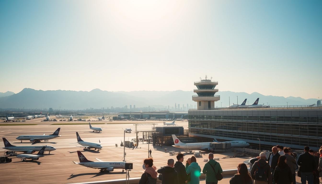A sunny day at the Taoyuan International Airport, with the iconic terminal building and control tower prominently featured. In the foreground, a group of travelers stand near the departures area, eagerly awaiting their flights. The scene is bathed in warm, natural lighting, casting long shadows and highlighting the bustling activity. In the middle ground, various aircraft, from small turboprops to large commercial jets, are visible on the tarmac, ready for takeoff. The background features the distant city skyline, with the towering mountains of Taiwan's landscape serving as a dramatic backdrop. The overall mood is one of anticipation and excitement, as passengers prepare to embark on their journeys to Seoul.