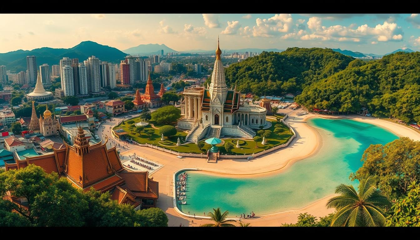 A sweeping panorama of Thailand's most captivating destinations: Bangkok's gleaming skyscrapers and bustling street markets, Chiang Mai's serene temple courtyards and lush, verdant landscapes, and the sun-drenched beaches and turquoise waters of Phuket. Capture the vibrant energy, cultural richness, and natural beauty that define these iconic Thai hotspots. Photograph the iconic landmarks, immerse yourself in the local atmosphere, and showcase the diversity that makes this country a must-visit travel destination. Crisp, high-resolution photography with a wide-angle lens to convey the grandeur and scope of these remarkable locations. Warm, golden lighting accentuates the warm hues and lush foliage, evoking a sense of tropical splendor.