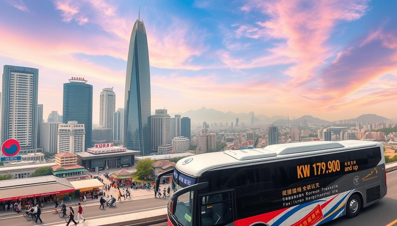 A sweeping panoramic view of a vibrant Korean cityscape, with towering modern skyscrapers and bustling streets. In the foreground, a sleek and stylish tour bus emblazoned with the logo of a respected Korean travel agency, its price tag prominently displayed as "KRW 17,900 and up". The mid-ground is filled with pedestrians, local shops, and a sense of lively energy. The background features hazy mountains and a vibrant, saturated sky, creating a sense of depth and scale. The overall atmosphere conveys a feeling of an exciting, well-organized Korean group travel experience, catering to the discerning Taiwanese traveler.
