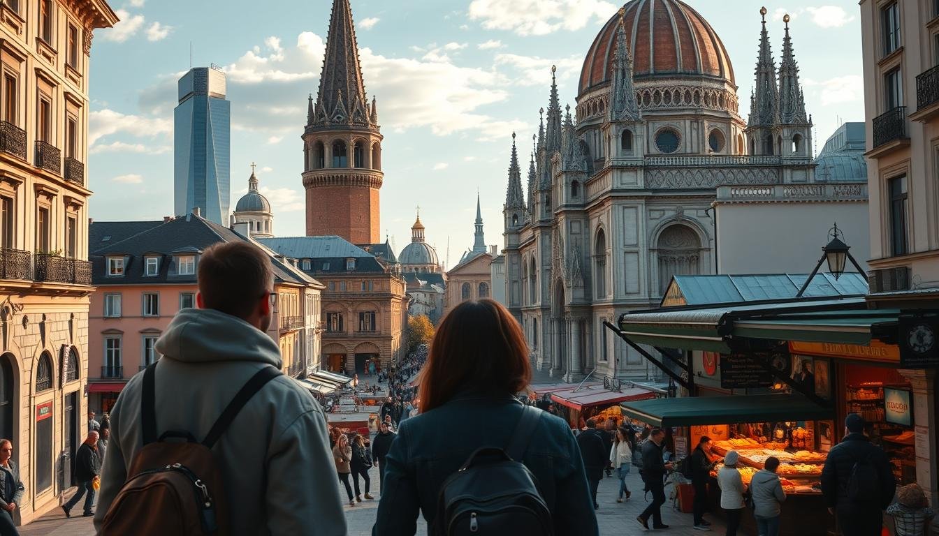A sweeping vista of iconic European and American landmarks, with travellers navigating the bustling streets and charming alleyways. In the foreground, a couple admire the grandeur of a towering cathedral, its intricate architecture bathed in warm, golden light. In the middle ground, a busy marketplace teems with locals and tourists, the air alive with the scent of exotic spices and the chatter of diverse languages. In the background, the silhouettes of skyscrapers and historical monuments dot the skyline, hinting at the scale and diversity of these captivating destinations. The scene conveys a sense of wonder, adventure, and the unique challenges of navigating the cultural, linguistic, and logistical complexities of European and American travel.