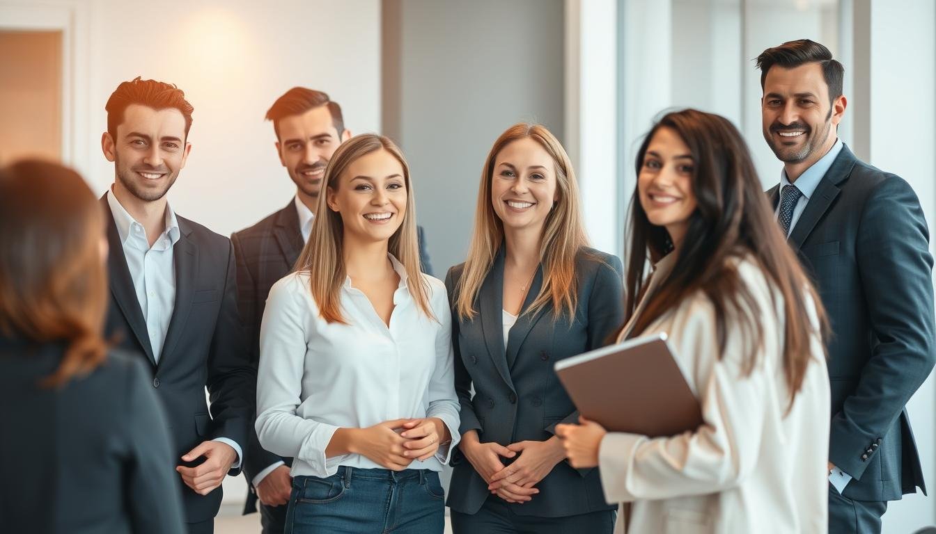 A team of professionals in business attire stand together, exuding a sense of unity and expertise. The lighting is soft and warm, highlighting their friendly expressions and body language as they engage with a group of customers. The background features a modern, minimalist office setting with clean lines and neutral tones, creating a professional and polished atmosphere. The overall scene conveys a high level of service quality, customer-centric focus, and collaborative teamwork.