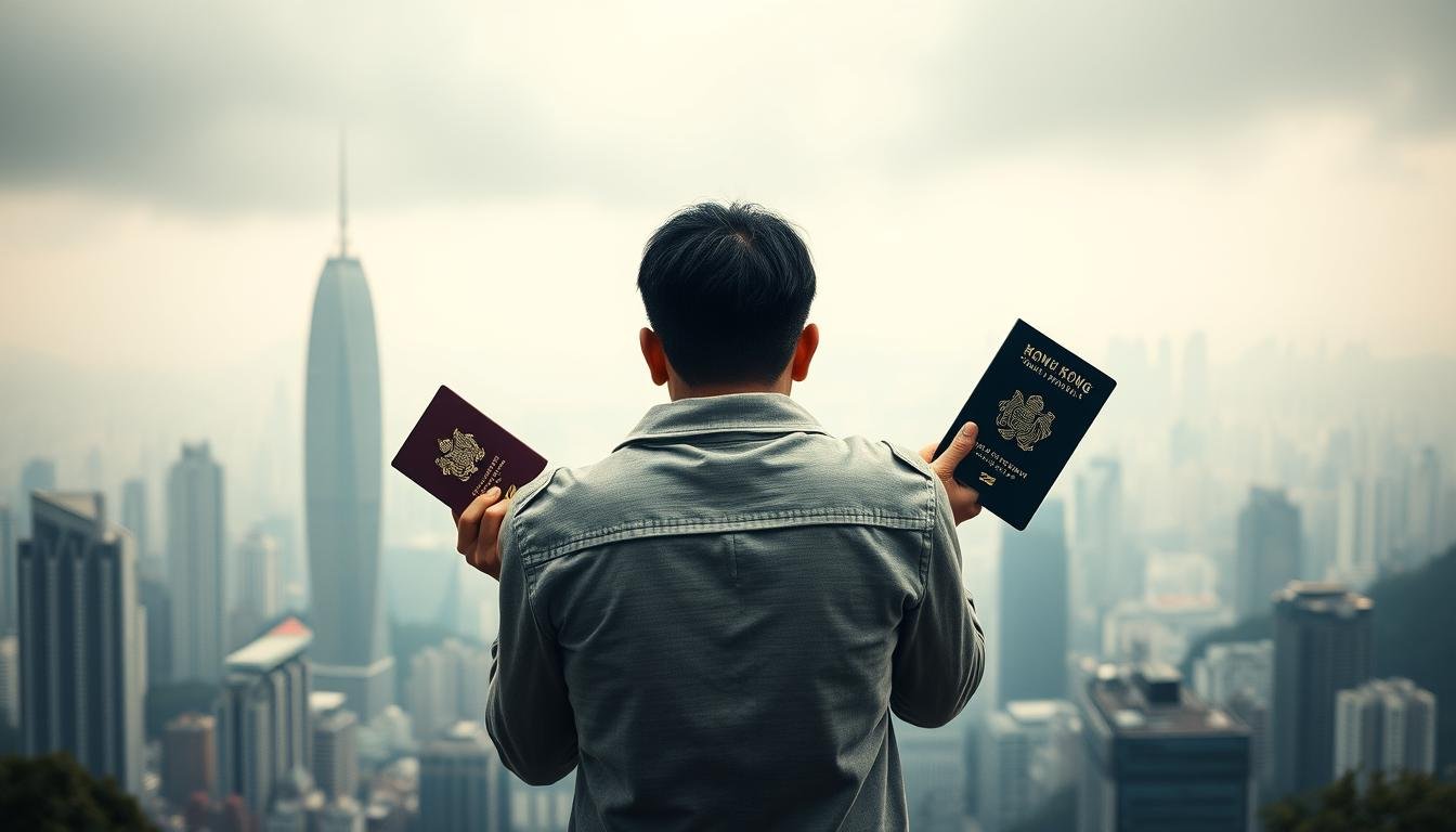 A thought-provoking scene depicting the complex duality of Hong Kong identity. Set against the iconic skyline, a figure stands in contemplation, grasping a Hong Kong and a foreign passport, symbolizing the conflicts and compromises of dual citizenship. Soft, muted lighting casts a pensive mood, as the subject is framed in a middle ground, with the bustling metropolis receding into the hazy background. Angles and composition convey a sense of inner turmoil and the struggle to reconcile one's national affiliations. The overall atmosphere evokes the nuanced, emotive nature of this contentious sociopolitical issue facing Hong Kong residents.