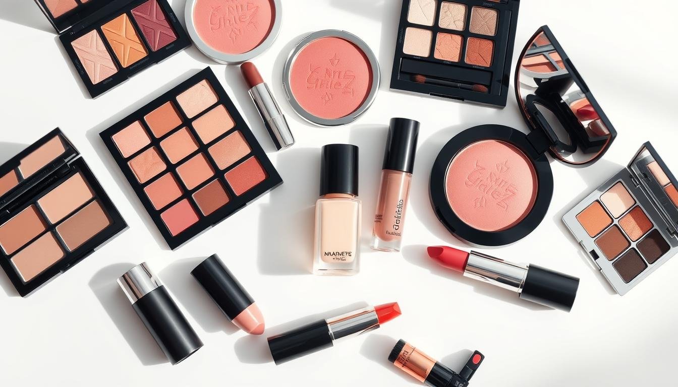 A thoughtfully curated selection of premium makeup products, showcased in a clean, minimalist arrangement. Soft, natural lighting creates a serene, high-end ambiance, drawing the viewer's attention to the refined textures and elegant packaging of foundation, blush, eyeshadow palettes, and lipsticks. The composition follows a balanced, symmetrical layout, allowing each item to shine individually while working harmoniously as a cohesive whole. A sense of sophistication and professionalism permeates the scene, inviting the viewer to imagine the expertise and care that went into crafting these coveted cosmetic essentials. A thoughtfully curated selection of premium makeup products, showcased in a clean, minimalist arrangement. Soft, natural lighting creates a serene, high-end ambiance, drawing the viewer's attention to the refined textures and elegant packaging of foundation, blush, eyeshadow palettes, and lipsticks. The composition follows a balanced, symmetrical layout, allowing each item to shine individually while working harmoniously as a cohesive whole. A sense of sophistication and professionalism permeates the scene, inviting the viewer to imagine the expertise and care that went into crafting these coveted cosmetic essentials.