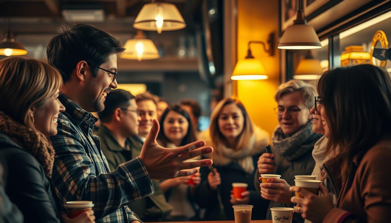 A tour guide passionately sharing travel and shopping stories with a group of attentive tourists in a cozy, dimly lit cafe setting. The guide gestures animatedly, with the warm glow of lamps casting a soft, intimate atmosphere. Tourists lean in, their faces reflecting a mix of empathy and amusement as they listen intently. The background is filled with the comforting hum of conversation and the clinking of cups, creating a sense of camaraderie and shared experience. The scene is captured through a lens that emphasizes the emotional connection between the guide and the group, inviting the viewer to feel immersed in the moment.
