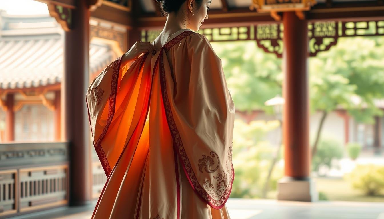 A traditional Korean hanbok dress being carefully put on by a graceful figure, illuminated by soft, warm lighting. The rich, ornate fabrics cascade elegantly, their intricate patterns and textures visible. The model stands in a serene, traditional Korean palace setting, with ornate architectural elements and lush greenery in the background, creating a sense of timeless cultural heritage. The composition highlights the skilled techniques and attention to detail required to properly wear and carry oneself in this traditional attire, capturing the essence of Korean royal court fashion. A traditional Korean hanbok dress being carefully put on by a graceful figure, illuminated by soft, warm lighting. The rich, ornate fabrics cascade elegantly, their intricate patterns and textures visible. The model stands in a serene, traditional Korean palace setting, with ornate architectural elements and lush greenery in the background, creating a sense of timeless cultural heritage. The composition highlights the skilled techniques and attention to detail required to properly wear and carry oneself in this traditional attire, capturing the essence of Korean royal court fashion.