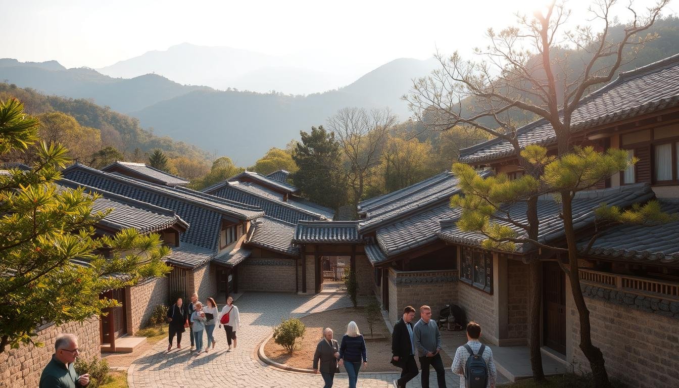 A traditional Korean village nestled amid lush hills, with tiled-roof hanok houses lining winding cobblestone paths. Warm sunlight filters through the trees, casting soft shadows on the quaint buildings. In the foreground, a group of travelers explore the tranquil alleyways, taking in the timeless essence of rural Korean life. The middle ground features a small wooden gate leading into a serene courtyard, while the background showcases the distant mountains, adding a sense of peaceful isolation. The scene evokes a harmonious blend of nature and traditional architecture, inviting viewers to immerse themselves in the charm of this picturesque Korean village.