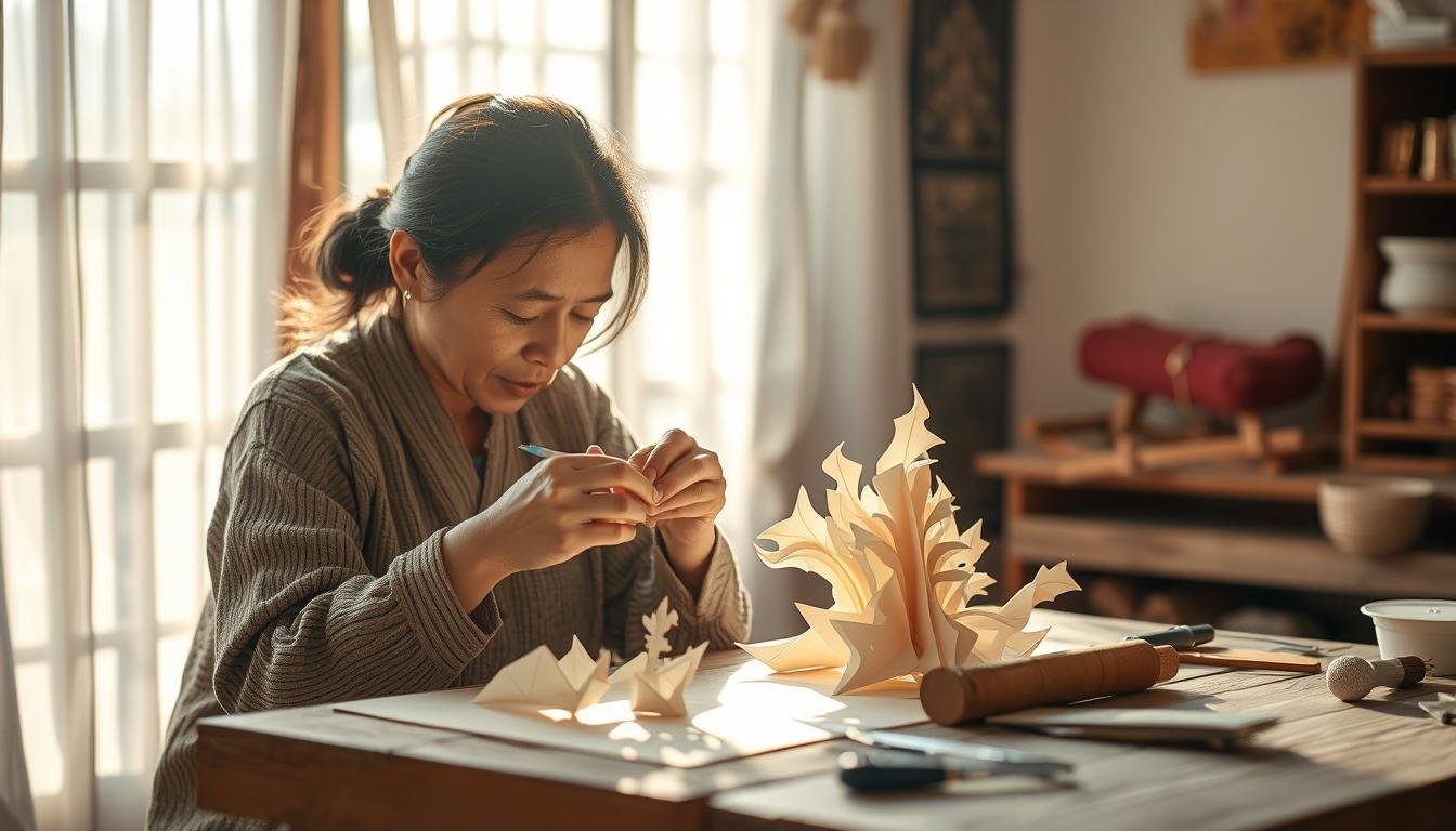 A traditional artisan crafts a delicate paper sculpture in a sun-dappled studio. Intricate folds and creases take shape as nimble fingers work with precision, transforming a simple sheet into an enchanting work of art. Soft natural light filters through sheer curtains, casting a warm glow on the artist's focused expression. Delicate tools and materials are neatly arranged on a worn wooden table, hinting at the skill and care behind each creation. The background blurs softly, allowing the artisan's creative process to take center stage, a testament to the beauty of handmade craftsmanship.