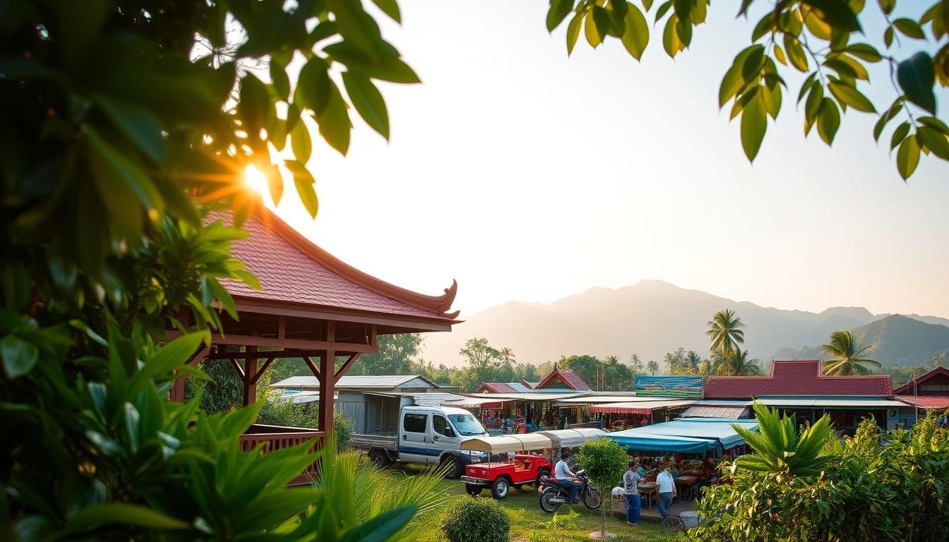 A tranquil Thai landscape, showcasing the vibrant culture and culinary delights of a Thai independent travel adventure. Lush tropical foliage in the foreground, with a traditional teak-roofed pavilion nestled among the greenery. In the middle ground, a bustling local market, its stalls overflowing with fresh produce and fragrant street food. In the background, a majestic mountain range, its peaks kissed by the golden light of the setting sun. The scene is bathed in a warm, inviting glow, conveying the sense of exploration, discovery, and immersion in the rich tapestry of Thai life. The image is captured through a wide-angle lens, offering a panoramic view that captures the essence of a memorable Thai self-guided journey. A tranquil Thai landscape, showcasing the vibrant culture and culinary delights of a Thai independent travel adventure. Lush tropical foliage in the foreground, with a traditional teak-roofed pavilion nestled among the greenery. In the middle ground, a bustling local market, its stalls overflowing with fresh produce and fragrant street food. In the background, a majestic mountain range, its peaks kissed by the golden light of the setting sun. The scene is bathed in a warm, inviting glow, conveying the sense of exploration, discovery, and immersion in the rich tapestry of Thai life. The image is captured through a wide-angle lens, offering a panoramic view that captures the essence of a memorable Thai self-guided journey.
