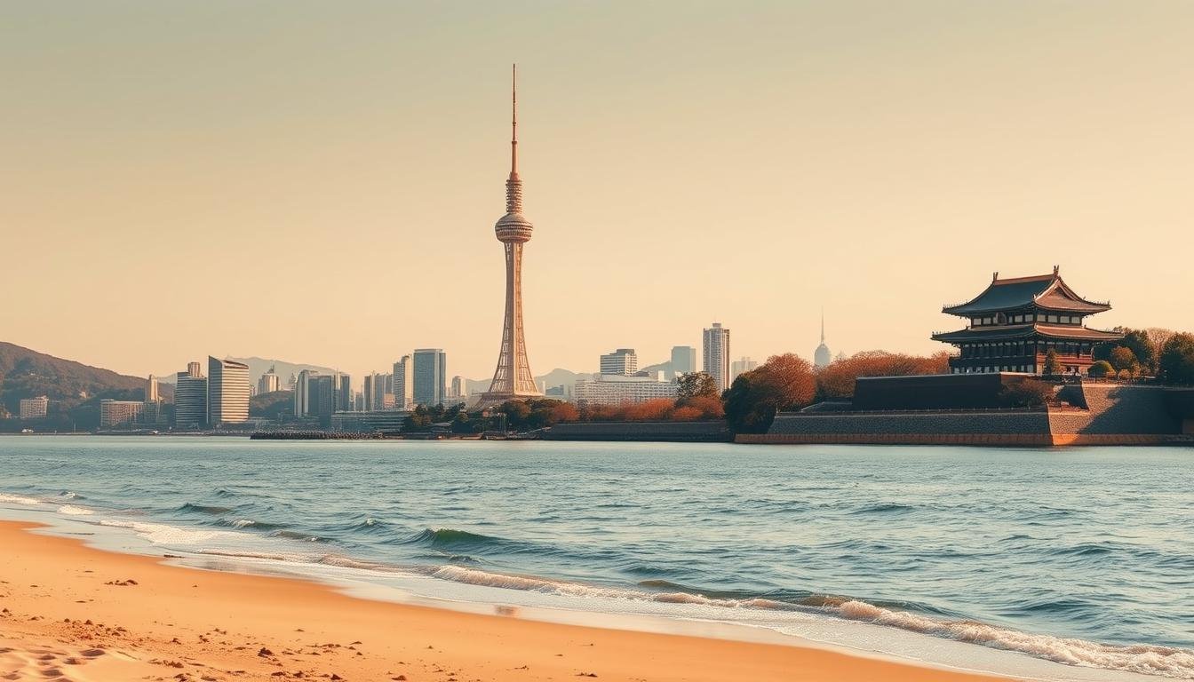 A tranquil landscape of iconic Korean landmarks, captured in a warm, golden light. In the foreground, the majestic Gwanganri Beach in Busan, its sandy shores meeting the gently lapping waves of the East Sea. In the middle ground, the towering Namsan Seoul Tower rises above the bustling city, its observation deck offering panoramic views. In the background, the historic Gyeongbokgung Palace stands proud, its traditional architecture and intricate details creating a serene and picturesque scene. The overall atmosphere is one of peaceful exploration, inviting the viewer to immerse themselves in the captivating beauty of South Korea's most iconic travel destinations.