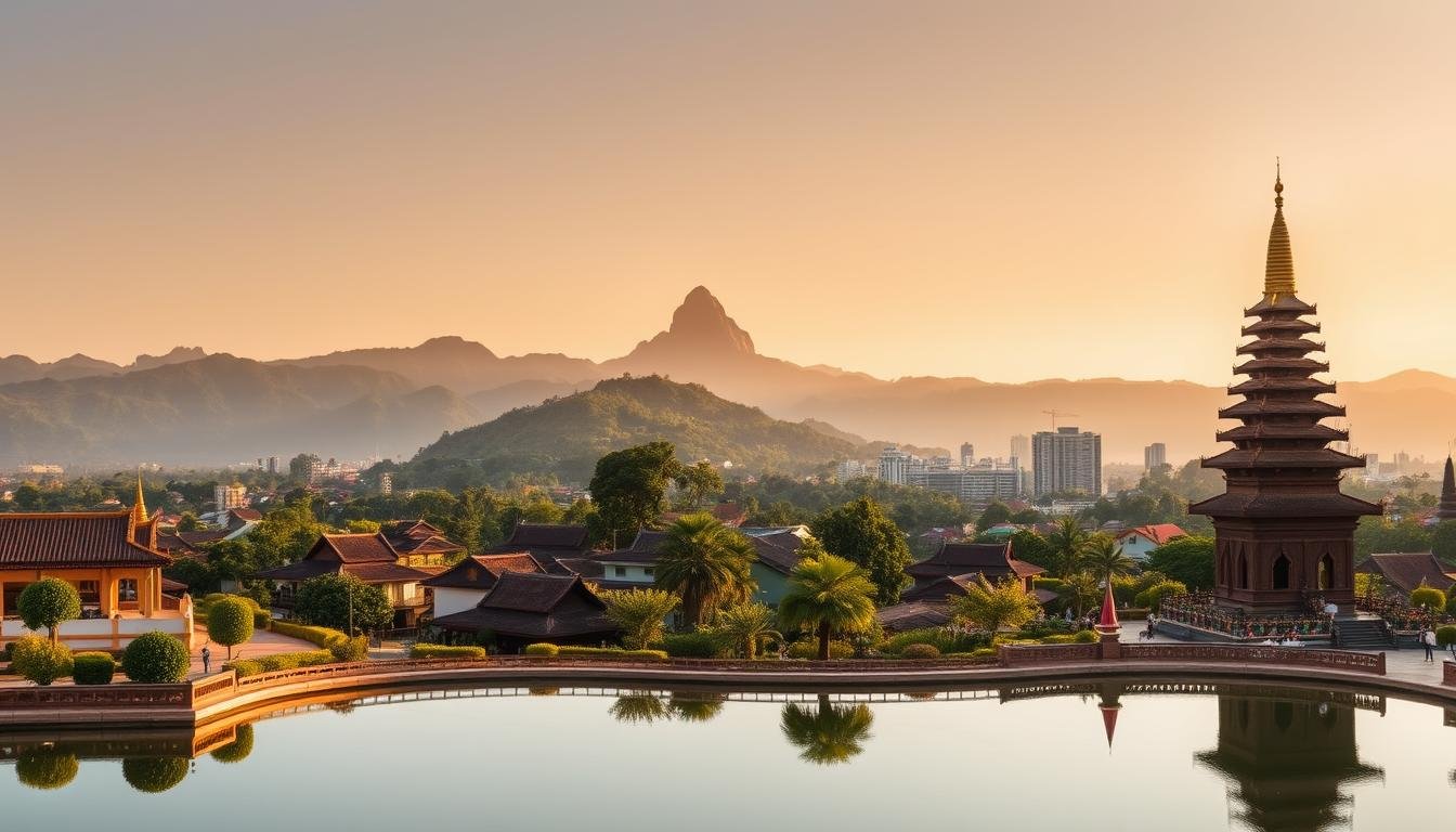 A tranquil panoramic view of Chiang Mai's most captivating landmarks, captured under a warm golden hour glow. In the foreground, the iconic Wat Phan Tao temple with its intricate carved wooden facades stands tall, reflecting in a serene pond. In the middle ground, the majestic Doi Suthep mountain rises, its slopes dotted with lush green foliage. In the background, a picturesque cityscape of traditional Lanna-style rooftops and modern high-rises nestled between towering mountains. Soft, diffused lighting illuminates the scene, creating a serene and inviting atmosphere that beckons the viewer to explore this enchanting northern Thai city. A tranquil panoramic view of Chiang Mai's most captivating landmarks, captured under a warm golden hour glow. In the foreground, the iconic Wat Phan Tao temple with its intricate carved wooden facades stands tall, reflecting in a serene pond. In the middle ground, the majestic Doi Suthep mountain rises, its slopes dotted with lush green foliage. In the background, a picturesque cityscape of traditional Lanna-style rooftops and modern high-rises nestled between towering mountains. Soft, diffused lighting illuminates the scene, creating a serene and inviting atmosphere that beckons the viewer to explore this enchanting northern Thai city.
