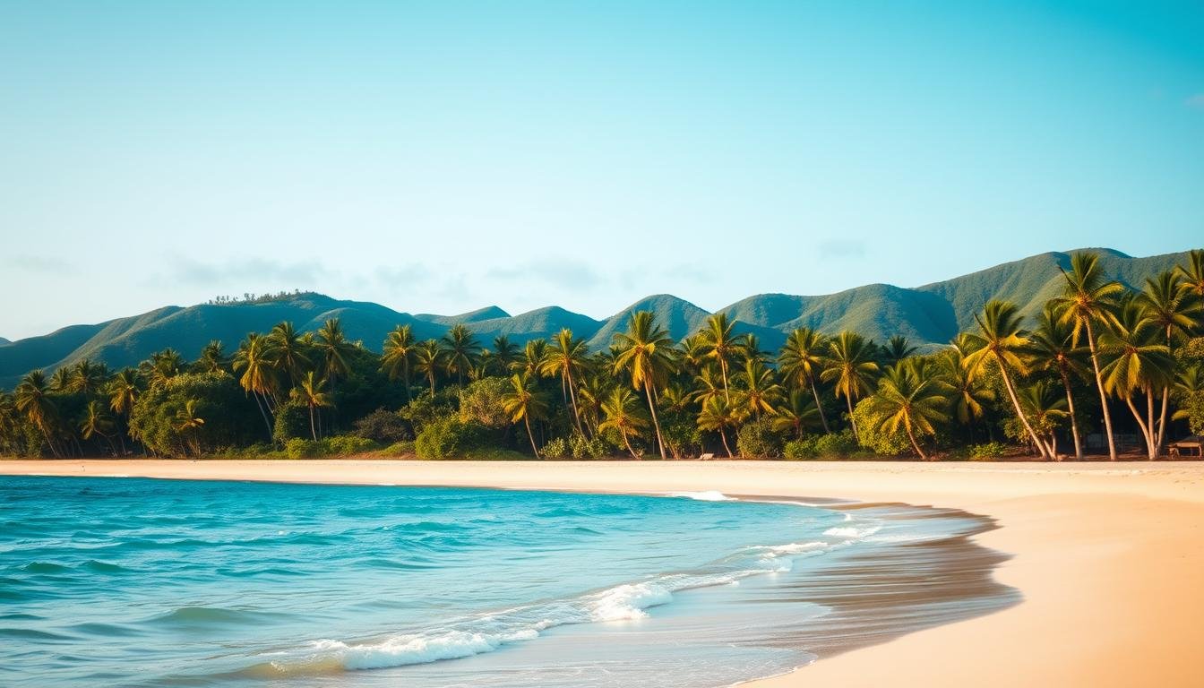A tranquil scene of Okinawa's natural beauty, captured through a wide-angle lens. In the foreground, a picturesque beach with crystal-clear turquoise waters and soft, golden sand. In the middle ground, lush, verdant palm trees sway gently in the warm, island breeze. In the distance, the silhouettes of rolling, emerald-hued hills create a serene backdrop. The scene is illuminated by soft, diffused natural lighting, creating a calming, atmospheric ambiance. The overall composition conveys a sense of relaxation and leisure, perfectly capturing the essence of an Okinawa self-guided tour budget.
