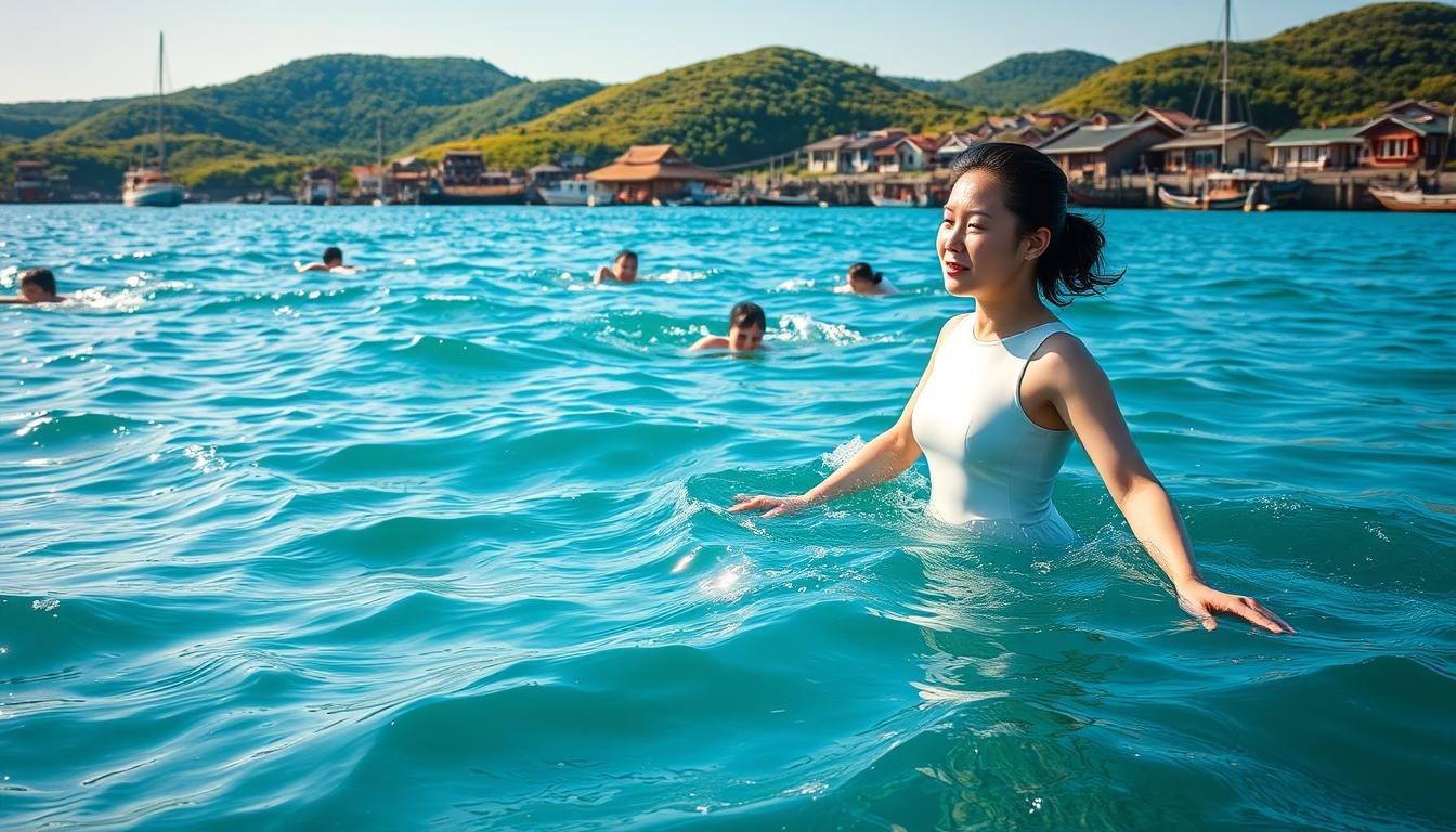 A tranquil seaside scene on the shores of Jeju Island, South Korea. In the foreground, a female diver, known as a "haenyeo," gracefully emerges from the shimmering turquoise waters, her traditional white diving suit glistening in the warm sunlight. The middle ground features a group of haenyeo engaged in the age-old practice of sustainable sea harvesting, their movements synchronized as they dive beneath the waves. In the background, a picturesque village nestled among lush green hills, its traditional thatched-roof homes and fishing boats a testament to the enduring maritime heritage of the region. The overall mood is one of tranquility, reverence, and a deep connection between the haenyeo and the sea that has sustained their way of life for generations. A tranquil seaside scene on the shores of Jeju Island, South Korea. In the foreground, a female diver, known as a "haenyeo," gracefully emerges from the shimmering turquoise waters, her traditional white diving suit glistening in the warm sunlight. The middle ground features a group of haenyeo engaged in the age-old practice of sustainable sea harvesting, their movements synchronized as they dive beneath the waves. In the background, a picturesque village nestled among lush green hills, its traditional thatched-roof homes and fishing boats a testament to the enduring maritime heritage of the region. The overall mood is one of tranquility, reverence, and a deep connection between the haenyeo and the sea that has sustained their way of life for generations.