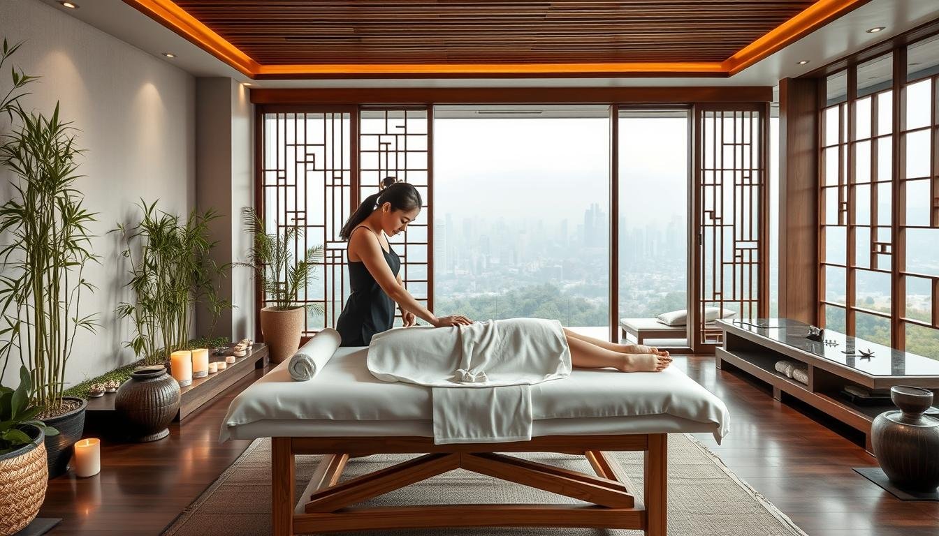 A tranquil spa setting featuring a modern massage table surrounded by traditional Chinese decor. In the foreground, a skilled masseuse performs a graceful, flowing massage using a combination of ancient techniques and state-of-the-art massage tools. The middle ground showcases calming elements like a bamboo garden, fragrant candles, and serene water features. The background features an elegant, minimalist interior with wooden accents, soft lighting, and a panoramic view of the city skyline. The overall atmosphere is one of harmony, relaxation, and the seamless fusion of traditional and contemporary wellness practices. A tranquil spa setting featuring a modern massage table surrounded by traditional Chinese decor. In the foreground, a skilled masseuse performs a graceful, flowing massage using a combination of ancient techniques and state-of-the-art massage tools. The middle ground showcases calming elements like a bamboo garden, fragrant candles, and serene water features. The background features an elegant, minimalist interior with wooden accents, soft lighting, and a panoramic view of the city skyline. The overall atmosphere is one of harmony, relaxation, and the seamless fusion of traditional and contemporary wellness practices.