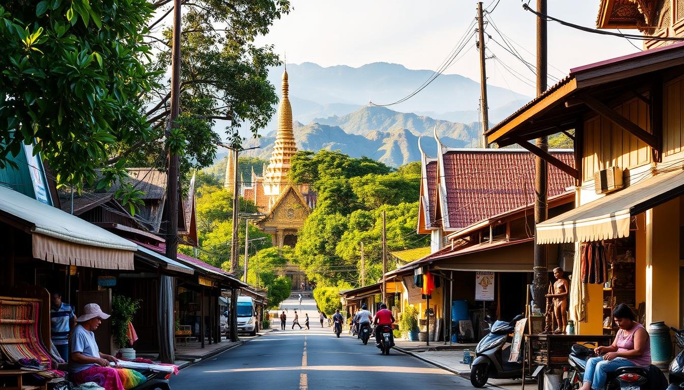 A tranquil street in the heart of Chiang Mai, Thailand, bathed in warm afternoon light. In the foreground, artisans diligently craft intricate textiles and wooden carvings, showcasing the region's rich cultural heritage. The middle ground features an ornate Buddhist temple, its gilded spires gleaming amidst lush tropical foliage. In the background, rolling hills and distant mountains create a serene, contemplative atmosphere. The scene evokes a sense of timelessness, inviting the viewer to immerse themselves in the timeless traditions and craftsmanship that define Chiang Mai's vibrant cultural landscape. A tranquil street in the heart of Chiang Mai, Thailand, bathed in warm afternoon light. In the foreground, artisans diligently craft intricate textiles and wooden carvings, showcasing the region's rich cultural heritage. The middle ground features an ornate Buddhist temple, its gilded spires gleaming amidst lush tropical foliage. In the background, rolling hills and distant mountains create a serene, contemplative atmosphere. The scene evokes a sense of timelessness, inviting the viewer to immerse themselves in the timeless traditions and craftsmanship that define Chiang Mai's vibrant cultural landscape.