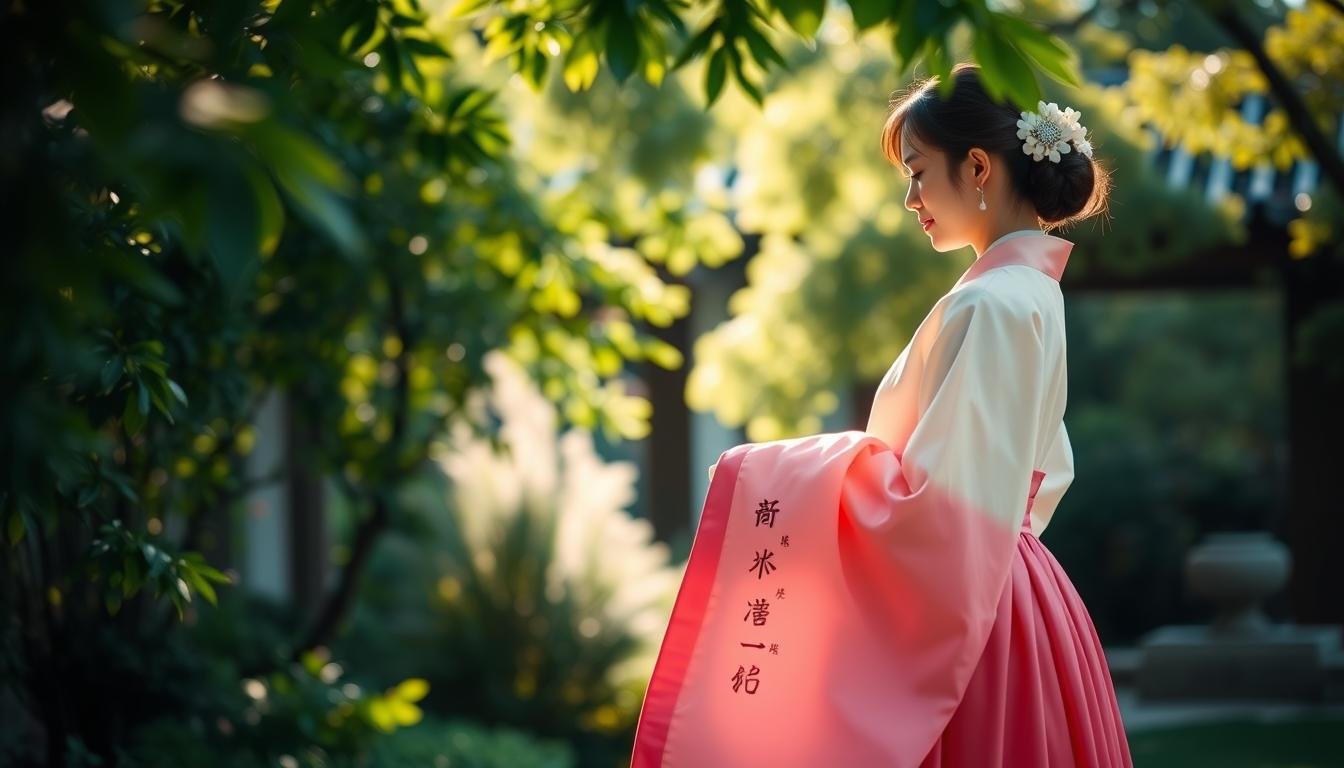 A tranquil traditional Korean hanbok dress experience. A graceful figure stands in a serene garden, adorned in the vibrant colors and elegant silhouette of a meticulously crafted hanbok. Soft natural light filters through the lush foliage, casting a warm glow on the detailed embroidery and flowing fabrics. The scene evokes a sense of timeless cultural tradition and peaceful contemplation. Subtle shadows and depth of field draw the viewer's eye to the central focus, while the background hints at a larger context of Korean heritage and tranquility.
