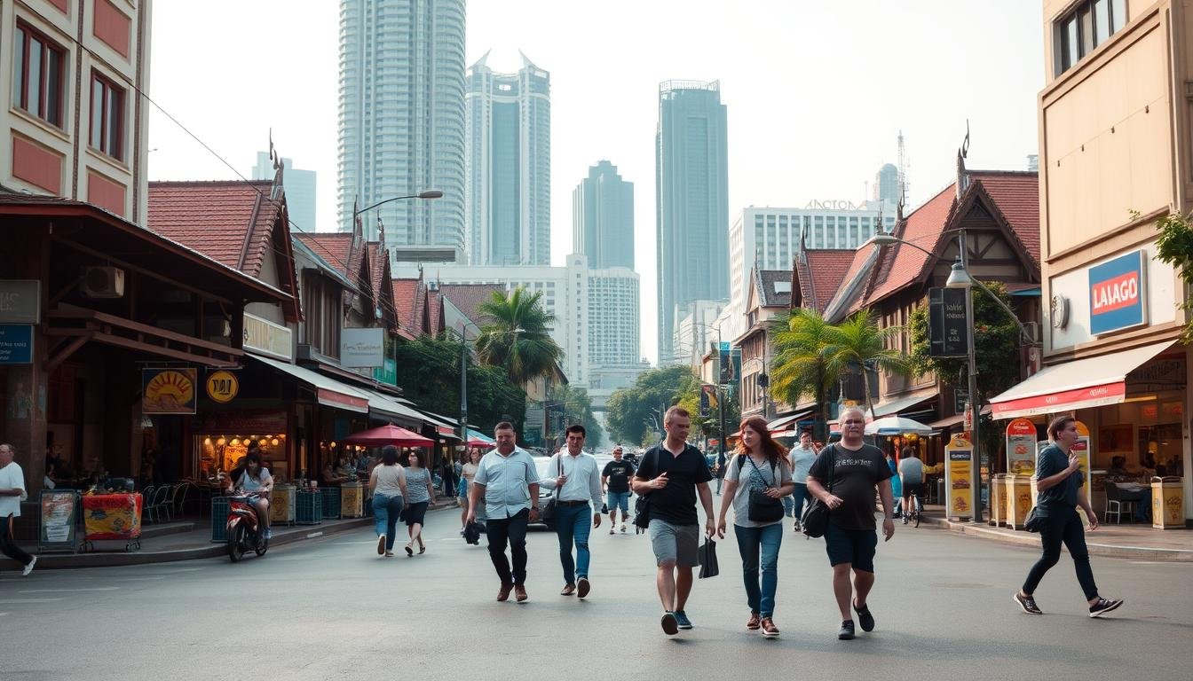A tranquil urban scene in Bangkok, Thailand. In the foreground, a group of tourists cautiously navigate a busy street, mindful of their surroundings. The middle ground features a vibrant mix of local shops, restaurants, and street vendors, hinting at the cultural richness of the city. The background is dominated by a towering skyline of modern high-rises, creating a striking contrast between the old and new. Soft, diffused lighting illuminates the scene, evoking a sense of safety and serenity. The overall composition conveys the importance of remaining vigilant and observant while immersed in the captivating atmosphere of Bangkok. A tranquil urban scene in Bangkok, Thailand. In the foreground, a group of tourists cautiously navigate a busy street, mindful of their surroundings. The middle ground features a vibrant mix of local shops, restaurants, and street vendors, hinting at the cultural richness of the city. The background is dominated by a towering skyline of modern high-rises, creating a striking contrast between the old and new. Soft, diffused lighting illuminates the scene, evoking a sense of safety and serenity. The overall composition conveys the importance of remaining vigilant and observant while immersed in the captivating atmosphere of Bangkok.