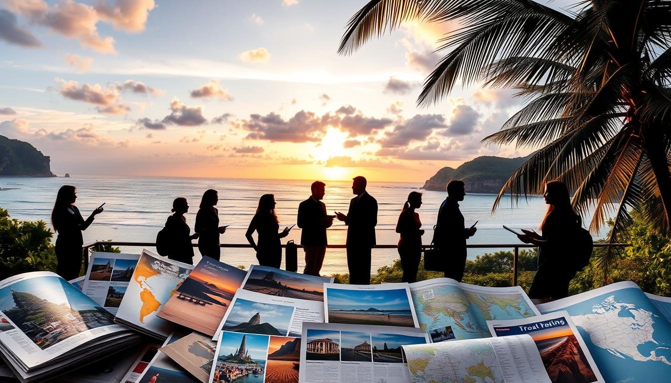 A travel agency comparison guide set against a serene landscape. In the foreground, a collage of travel brochures, maps, and vacation photos, artfully arranged. The midground features silhouettes of tourists consulting travel agents, discussing itineraries and packages. In the background, a panoramic view of a tropical beach with swaying palm trees, azure waters, and a picturesque sunset. The lighting is soft and warm, evoking a sense of relaxation and exploration. The composition is balanced, drawing the viewer's eye through the layers of information and scenery. This image captures the essence of researching and selecting the perfect travel agency for an unforgettable Thai adventure. A travel agency comparison guide set against a serene landscape. In the foreground, a collage of travel brochures, maps, and vacation photos, artfully arranged. The midground features silhouettes of tourists consulting travel agents, discussing itineraries and packages. In the background, a panoramic view of a tropical beach with swaying palm trees, azure waters, and a picturesque sunset. The lighting is soft and warm, evoking a sense of relaxation and exploration. The composition is balanced, drawing the viewer's eye through the layers of information and scenery. This image captures the essence of researching and selecting the perfect travel agency for an unforgettable Thai adventure.