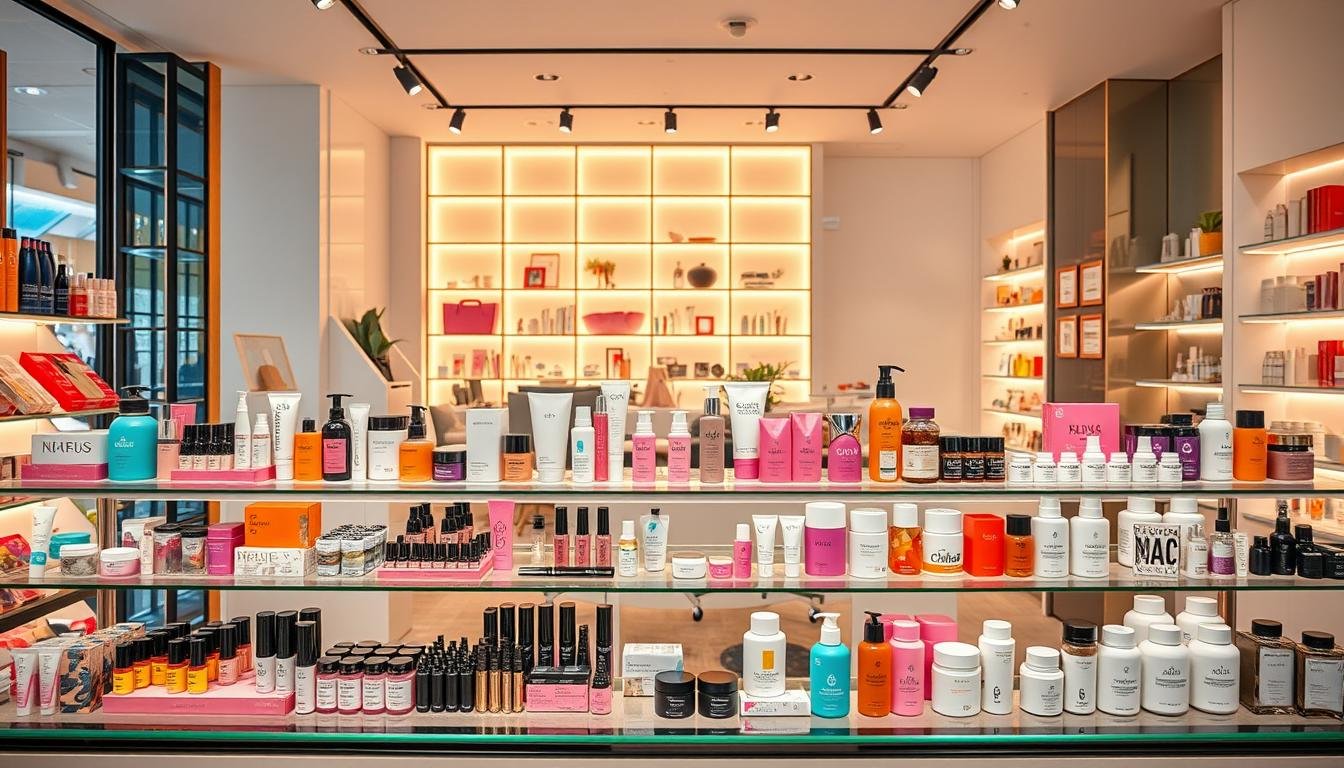 A trendy cosmetics display in a chic Seoul beauty shop, filled with popular Korean influencer-recommended products. The foreground showcases an assortment of vibrant makeup, skincare, and haircare items arranged artfully on sleek glass shelves. The middle ground features a backdrop of warm lighting, creating a cozy, inviting atmosphere. In the background, a minimalist store interior with clean lines and modern furnishings, reflecting the sophisticated aesthetic of Korean beauty culture. The overall scene conveys a sense of curated, aspirational style that appeals to savvy Korean beauty enthusiasts.