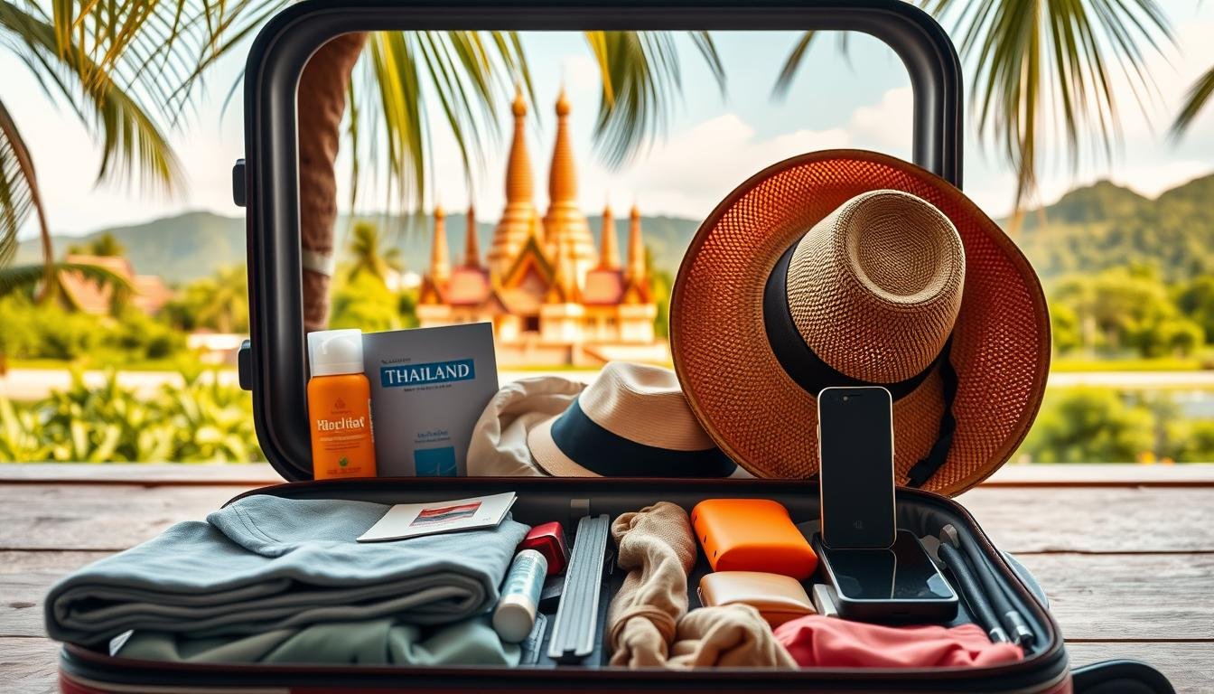 A tropical-themed travel scene showcasing essential items for a Thailand vacation. In the foreground, a well-organized suitcase displays neatly folded clothes, toiletries, and travel documents. The middle ground features a selection of outdoor gear, including a sun hat, insect repellent, and a portable charger. In the background, a glimpse of the iconic Thai landmarks, such as a golden temple and lush, verdant landscapes, sets the stage for an exciting adventure. The lighting is warm and natural, evoking a sense of relaxation and exploration. The overall composition conveys a well-prepared traveler, ready to embark on a safe and enjoyable journey through Thailand.