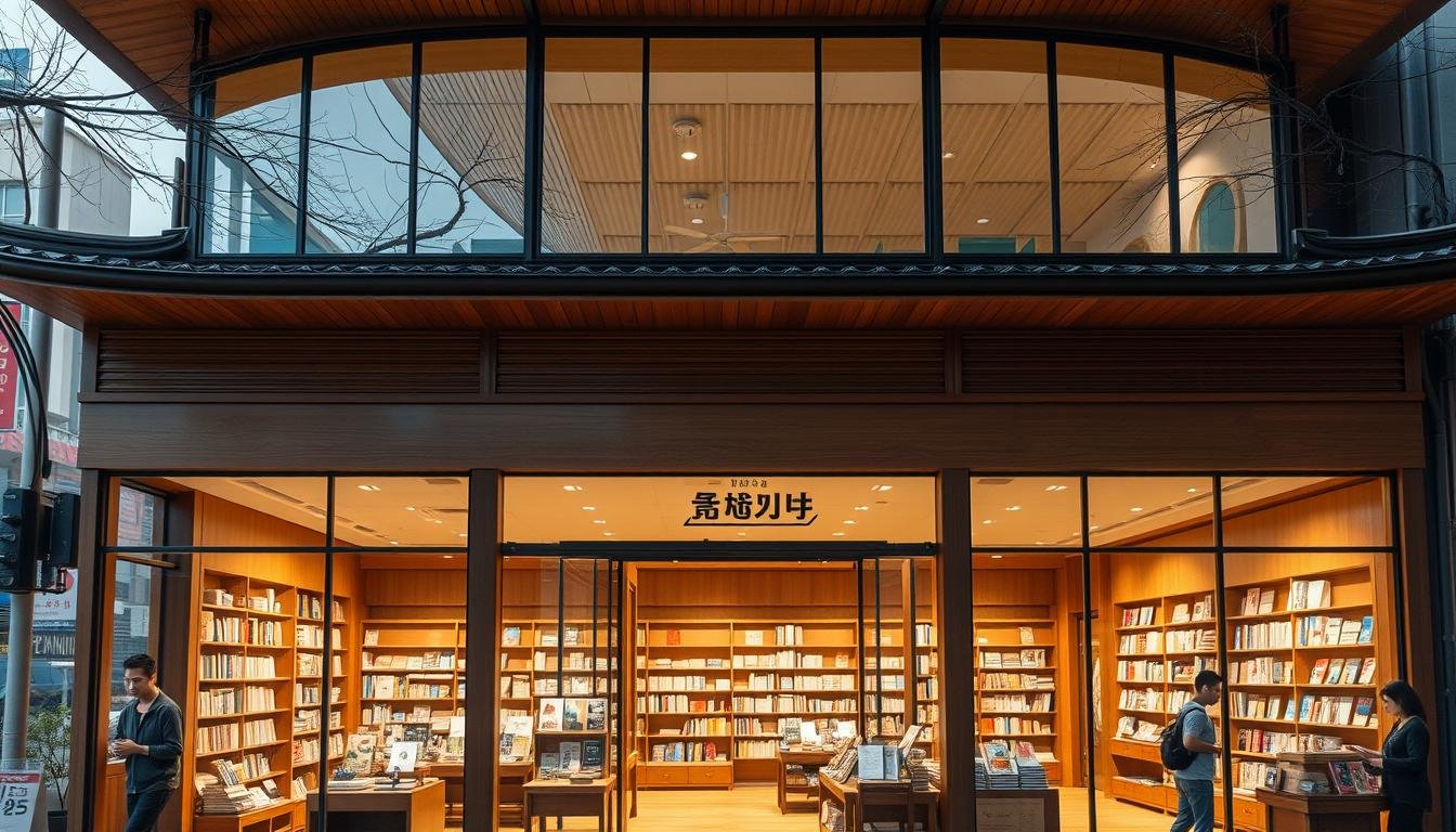A two-story bookstore with large glass windows overlooking the bustling Busan Nampo-dong neighborhood. The exterior features traditional Korean architecture with elegant curved roof lines and ornamental eaves. The entrance is flanked by wooden pillars and a welcoming entryway. Inside, the store is filled with natural light, wooden shelves, and a carefully curated selection of books, stationery, and cultural merchandise. Shoppers browse the tranquil space, discovering unique Korean design and experiencing the融合 of books and creativity. The atmosphere evokes a sense of intellectual curiosity and appreciation for Korean heritage. Warm, earthy tones and clean lines create a harmonious, inviting environment. A two-story bookstore with large glass windows overlooking the bustling Busan Nampo-dong neighborhood. The exterior features traditional Korean architecture with elegant curved roof lines and ornamental eaves. The entrance is flanked by wooden pillars and a welcoming entryway. Inside, the store is filled with natural light, wooden shelves, and a carefully curated selection of books, stationery, and cultural merchandise. Shoppers browse the tranquil space, discovering unique Korean design and experiencing the融合 of books and creativity. The atmosphere evokes a sense of intellectual curiosity and appreciation for Korean heritage. Warm, earthy tones and clean lines create a harmonious, inviting environment.