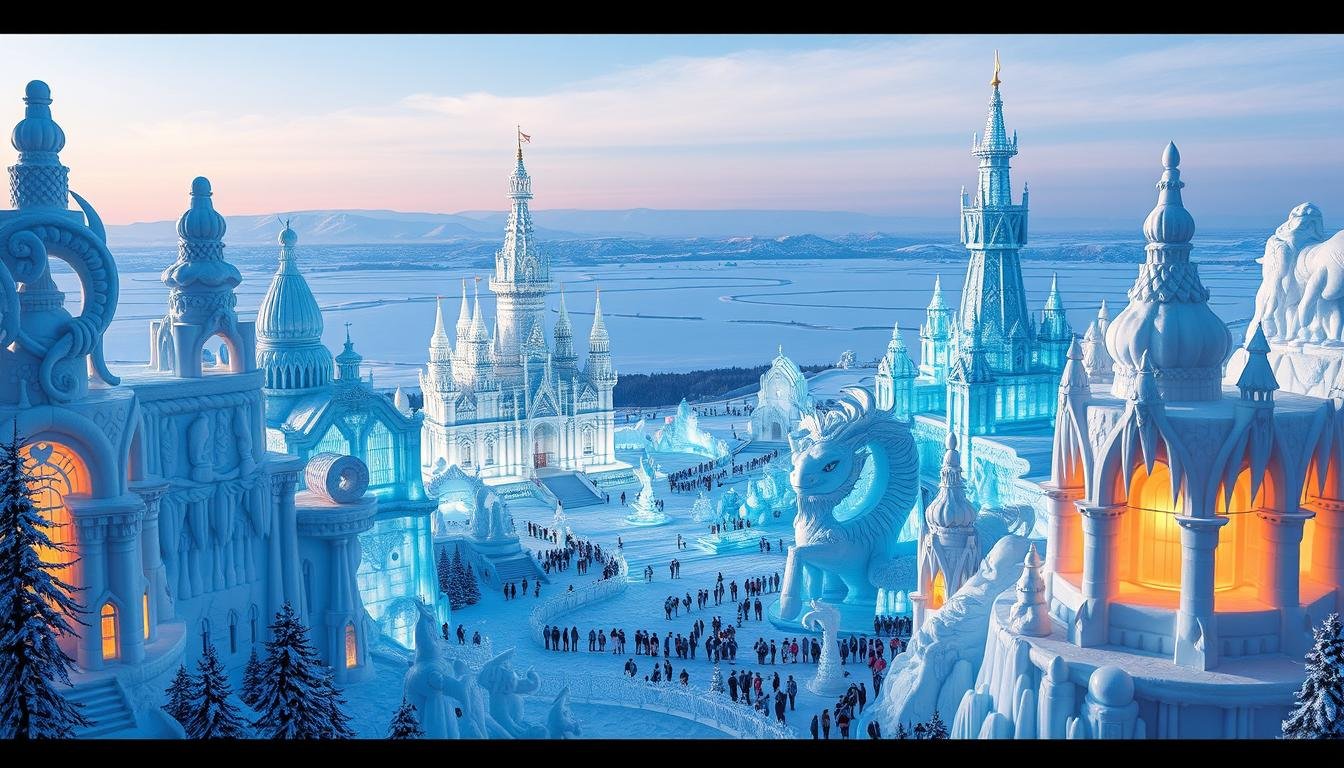 A vast, frozen wonderland comes to life in "Siam Ice Sculpture World", a mesmerizing winter oasis amidst the tropical heat. Towering ice statues in intricate, fantastical designs glisten under soft, warm lighting, creating an ethereal, dreamlike atmosphere. In the foreground, a majestic ice palace stands tall, its detailed architecture and frozen waterfalls captivating the eye. The middle ground features an array of mythical creatures, their icy forms seemingly frozen in motion. In the background, a snowy landscape stretches out, with distant mountains and a clear, crisp sky completing the serene, enchanting scene. This icy wonderland offers a unique, one-of-a-kind experience, transporting visitors to a realm of enchantment and wonder. A vast, frozen wonderland comes to life in "Siam Ice Sculpture World", a mesmerizing winter oasis amidst the tropical heat. Towering ice statues in intricate, fantastical designs glisten under soft, warm lighting, creating an ethereal, dreamlike atmosphere. In the foreground, a majestic ice palace stands tall, its detailed architecture and frozen waterfalls captivating the eye. The middle ground features an array of mythical creatures, their icy forms seemingly frozen in motion. In the background, a snowy landscape stretches out, with distant mountains and a clear, crisp sky completing the serene, enchanting scene. This icy wonderland offers a unique, one-of-a-kind experience, transporting visitors to a realm of enchantment and wonder.